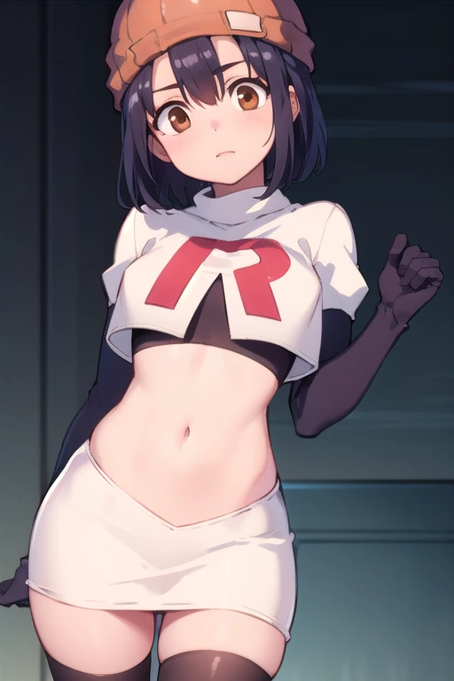 fuukoizumo, fuuko izumo, black hair, hair between eyes, (brown eyes:1.5), short hair,
BREAK team rocket,team rocket uniform, red letter R, white skirt,white crop top,black thigh-highs,black elbow gloves, beanie, (red beanie:1.2),
BREAK looking at viewer, (cowboy shot:1.5),
BREAK (masterpiece:1.2), best quality, high resolution, unity 8k wallpaper, (illustration:0.8), (beautiful detailed eyes:1.6), extremely detailed face, perfect lighting, extremely detailed CG, (perfect hands, perfect anatomy),