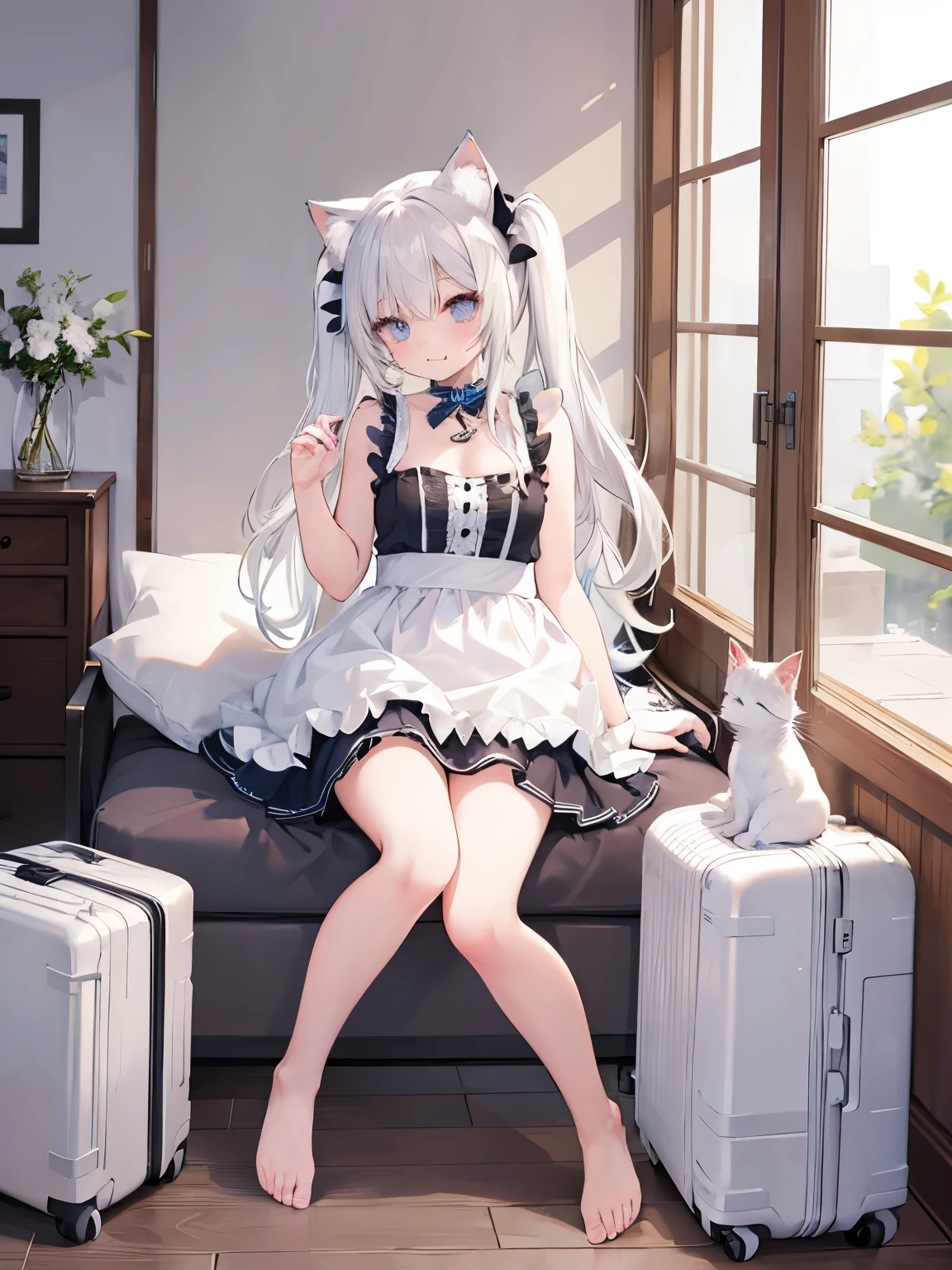 masterpiece, {{{{Highest quality}}}},  beautiful, 1girl, Light_Blue eyes, white hair, {twintails}, {{maid}}, miniskirt, White cat ears, White cat tail, collar with bell, sleeveless, bare feet