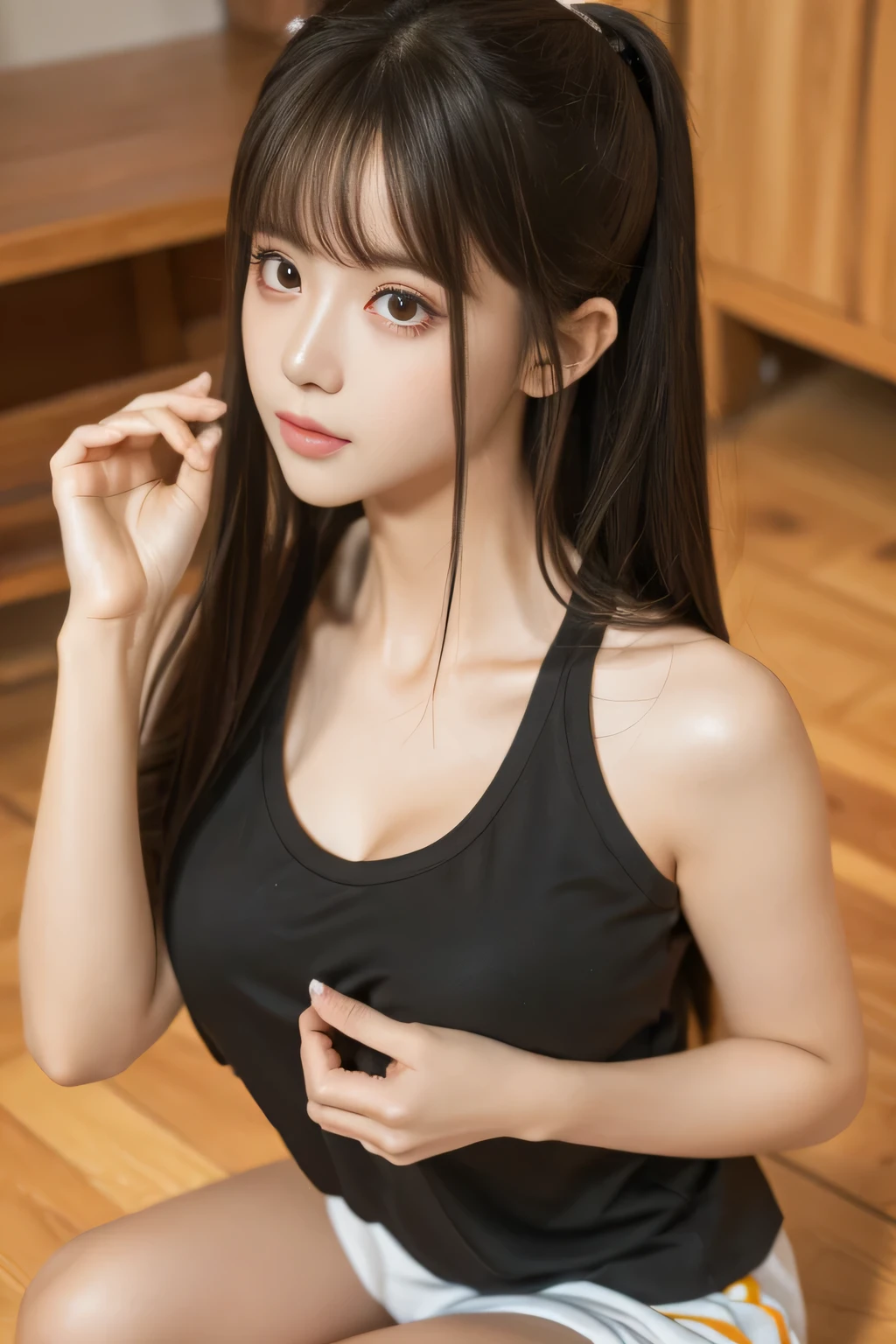 chunmomo, (masterpiece, best quality:1.2), soft light, 1girl, solo, delicate face, Detailed skin, long black hair, ,gym clothes,traditional chinese room,medium breasts