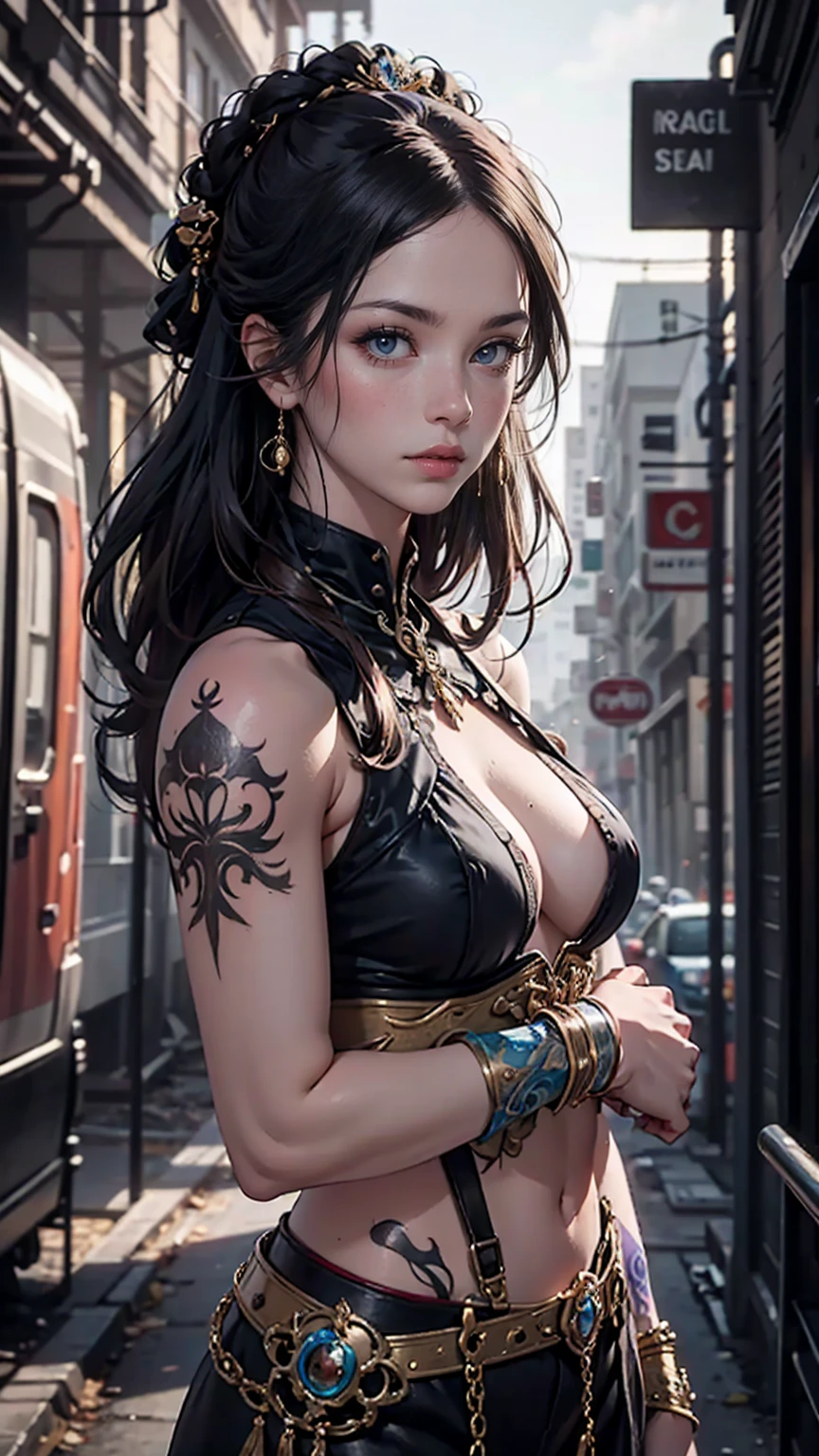 Detailed photo of futuristic beautiful female warrior in dystopian city, Tattered costume with rusted metal armor plates, long wild hair, tattooed arms and body, fashion pose, blue eyes with round irises, detailed face, apocalyptic environment, natural body poses, professional photographer, Photographed with a professional single-lens reflex camera, professional fantasy artist, Professional Rococo and Baroque Background Artist, professional art station artist