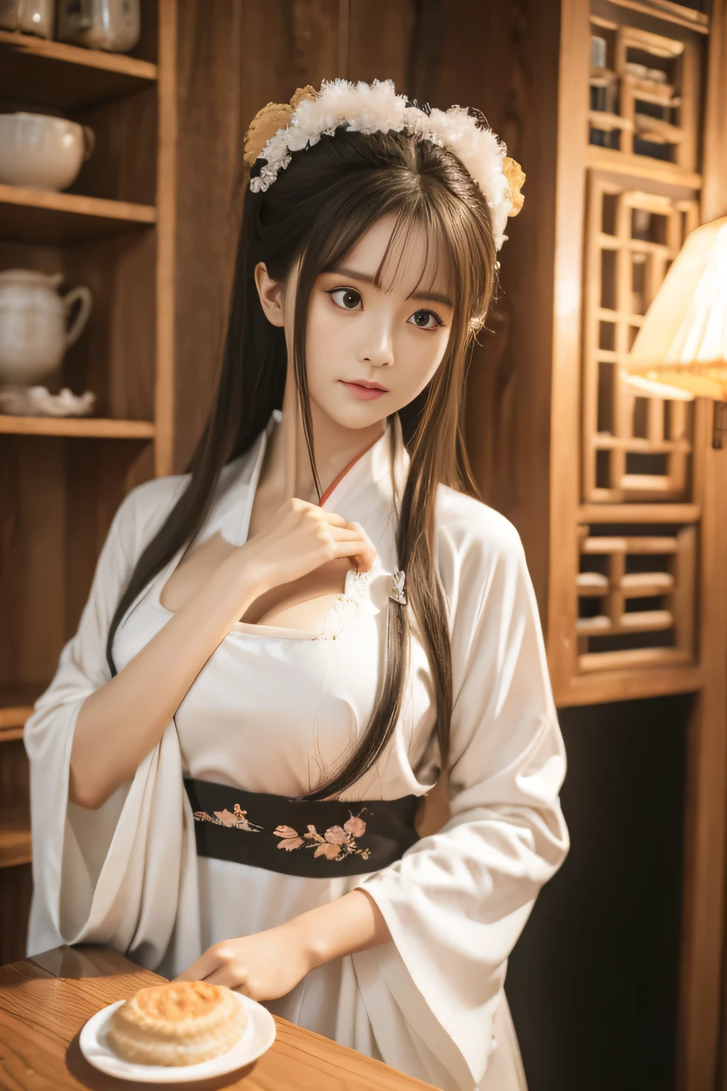 chunmomo, (masterpiece, best quality:1.2), soft light, 1girl, solo, delicate face, Detailed skin, long black hair, ,hanfu, chinese traditional dress,cafe,huge breasts