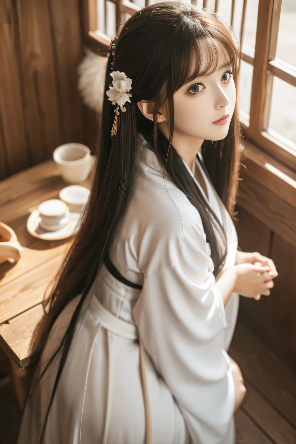 chunmomo, (masterpiece, best quality:1.2), soft light, 1girl, solo, delicate face, Detailed skin, long black hair, ,hanfu, chinese traditional dress,cafe,huge breasts