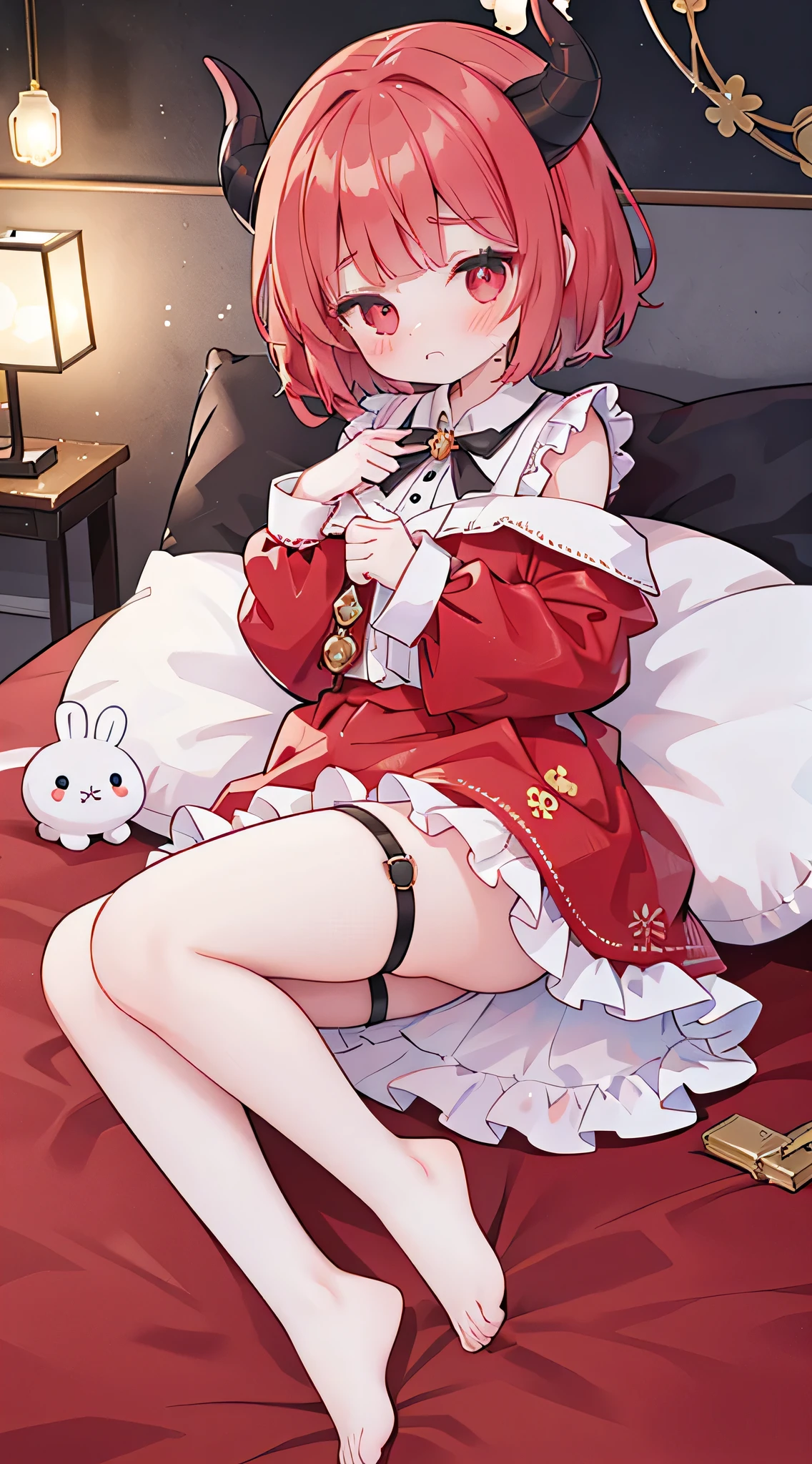 bishoujo, masterpiece,best quality,official art,extremely detailed CG unity 8k wallpaper, short hair, red hair, blunt bangs, aqua eyes, beautiful detailed eyes, nose blush , blush, shy, embarrassed , red eyes, Red pajamas with a bunny pattern on them,estrus,（（（（White leg ring and black leg ring）））），（（（（White socks with black trim）））），One foot is wearing white sneakers and the other foot is bare，demon horns, fetal_position, humiliation, bdsm, virgin, 