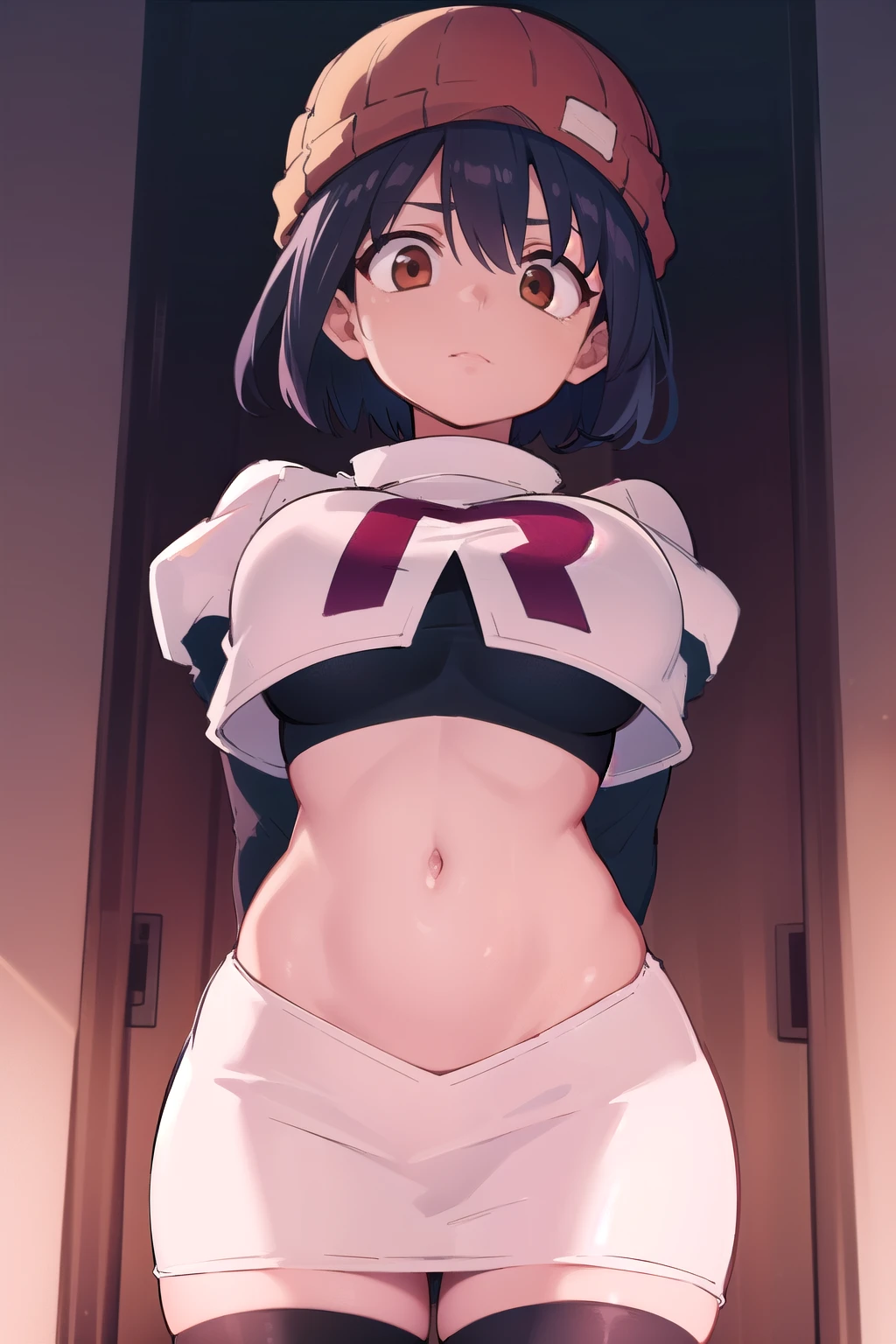 fuukoizumo, fuuko izumo, black hair, hair between eyes, (brown eyes:1.5), short hair,
BREAK team rocket,team rocket uniform, red letter R, white skirt,white crop top,black thigh-highs,black elbow gloves, beanie, (red beanie:1.2),
BREAK looking at viewer, (cowboy shot:1.5),
BREAK (masterpiece:1.2), best quality, high resolution, unity 8k wallpaper, (illustration:0.8), (beautiful detailed eyes:1.6), extremely detailed face, perfect lighting, extremely detailed CG, (perfect hands, perfect ???????),