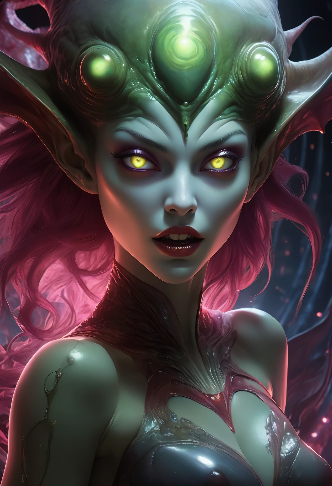 Detailed art in alluring and frightening hues, presenting a beautiful and obscene female alien with a captivating allure. (Vulgarity:1.7), her eyes radiating no pupils yet exuding an evil seductive gaze. (Transparent skin:1.7) grants an uncensored view of her body, while a female genital-like organ graces the center of her forehead. (The most beautiful face in the universe:1.2) descends upon her features, adorned with sharp vampire teeth and a big, inviting mouth. A full-body portrait unfolds, revealing an extraterrestrial being of fused cells, (glowing eyes:1.4)
