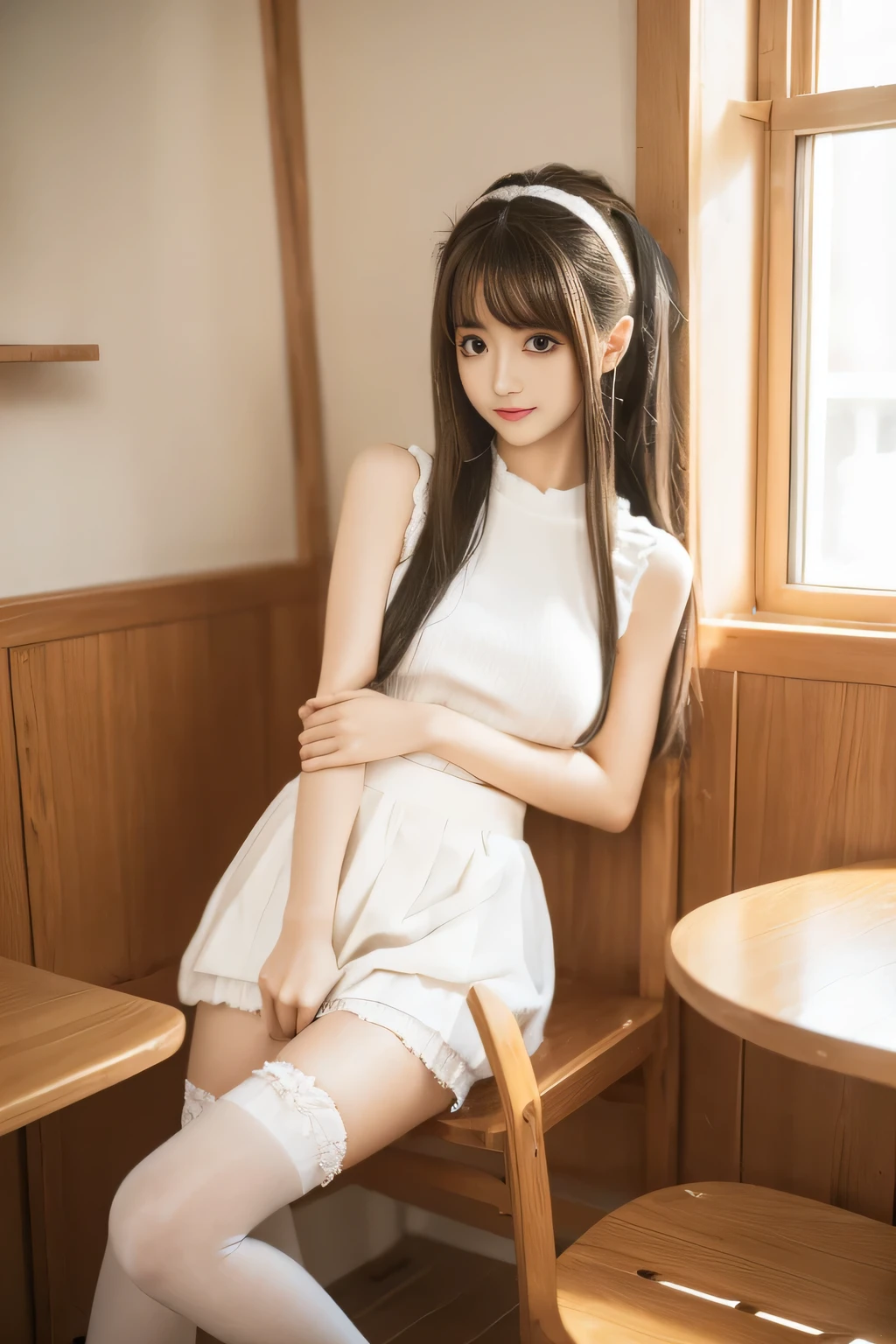 chunmomo, (masterpiece, best quality:1.2), soft light, 1girl, solo, delicate face, Detailed skin, long black hair, ,sleeveless white knit sweater of cropped length, plaid pleated white micro skirt, transparent white knee high stockings,restaurant,small breasts