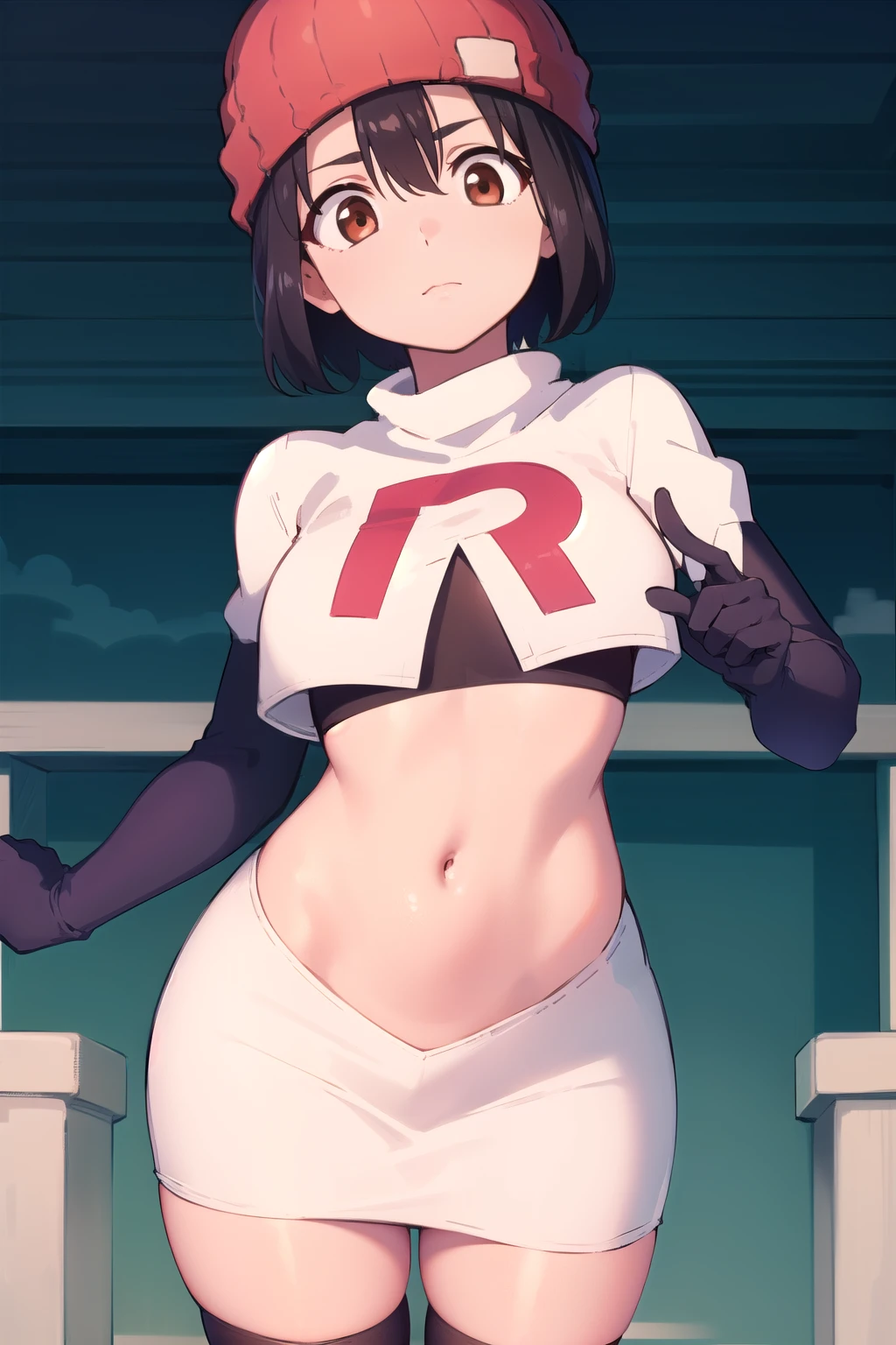 fuukoizumo, fuuko izumo, black hair, hair between eyes, (brown eyes:1.5), short hair,
BREAK team rocket,team rocket uniform, red letter R, white skirt,white crop top,black thigh-highs,black elbow gloves, beanie, (red beanie:1.2),
BREAK looking at viewer, (cowboy shot:1.5),
BREAK (masterpiece:1.2), best quality, high resolution, unity 8k wallpaper, (illustration:0.8), (beautiful detailed eyes:1.6), extremely detailed face, perfect lighting, extremely detailed CG, (perfect hands, perfect anatomy),