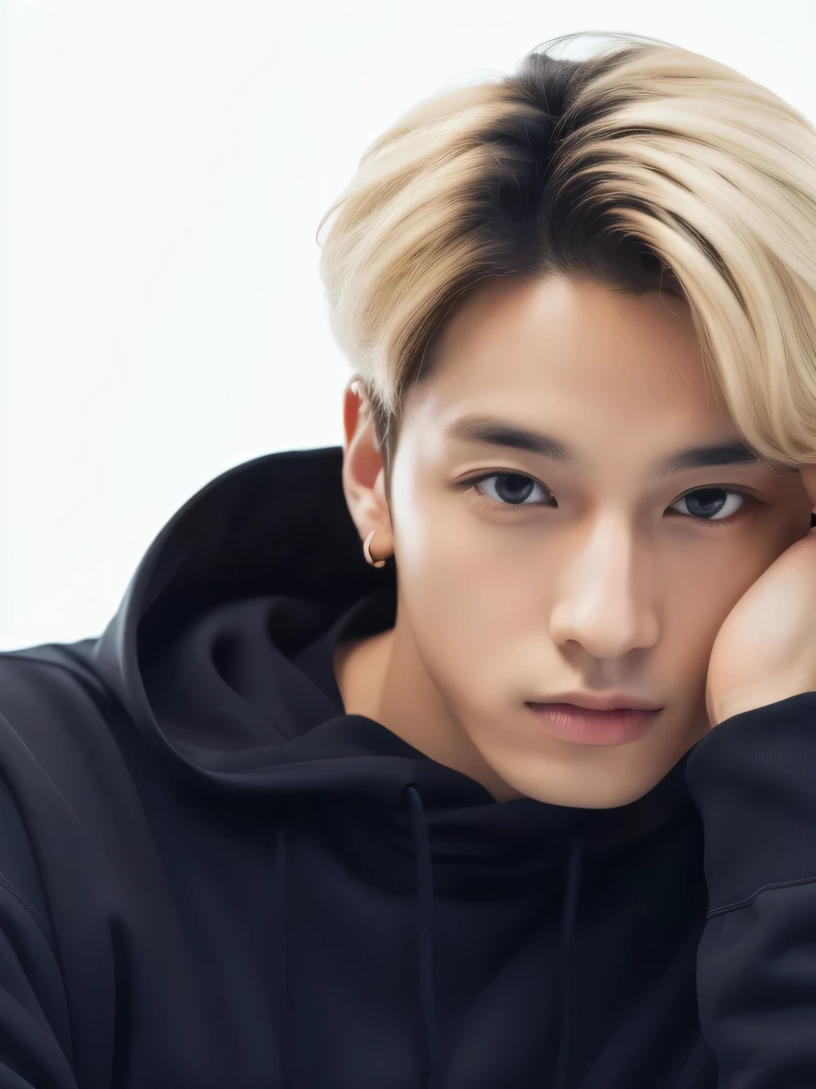 image of a man with a black hoodie and a white background, portrait of kpop idol, BTS Jungkook, porrtrait of ultra realistic, blonde hair.