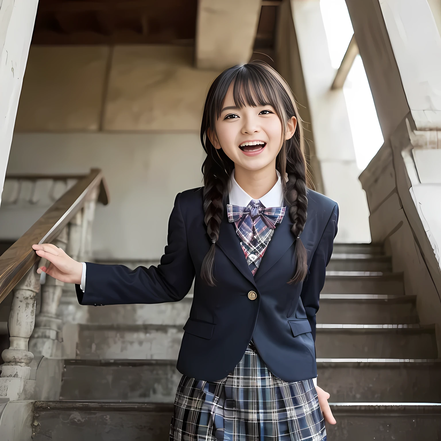 (highest quality、masterpiece:1.2)、highest quality、realistic、photograph、High resolution、1080p、8K、The face is especially pale., physical rendering、((Height: 155cm)), one Japanese girl、((Siren in the form of a 15-year-old Japanese junior high school student)), ((((Siren in the form of a beautiful girl fashion model from a Japanese magazine)))), , (((big very detailed beautiful dark brown eyes))), ((blue girly large wine-red glossy polyester Japanese school ribbon bow tie)), (((black beautiful long twin braids hair))), ((((deep blue colored tartan checkered formal long pleated pleated skirt)))), ((A unpatterned formal dark blue blazer in solid that is slightly oversized and has an emblem on the left chest.)), ((((((laughing at me!)))))), mouth is open, The large blazer and skirt are very cute., detailed fingers, Slender body, ((curled bangs)), so beautiful, long eyelashes, ((Very big and very very very cute eyes of a Japanese girl)), ((large pupils)), double eyelids, The entire skirt is photographed, thin eyebrows, ((drooping eyes)), ((long eyelashes)), ((cute lovely lovely laughing laughing cheeks)), ((Pure white light hits her face from above and in the front, making her skin and eyes shine beautifully.)), ((Strong light hits the nose and cheeks、It brings out the richness of the expression.)), (((((Her face is expressive, pure and very intelligent.))))), (((((going down evil stairs bringing me to the underground temple of Succubus!!)))))