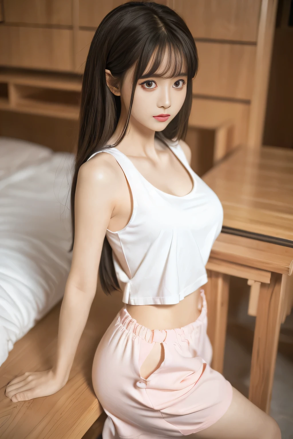 chunmomo, (masterpiece, best quality:1.2), soft light, 1girl, solo, delicate face, Detailed skin, long black hair, ,pink sleeveless tank top，pink trousers,banquet,underboob