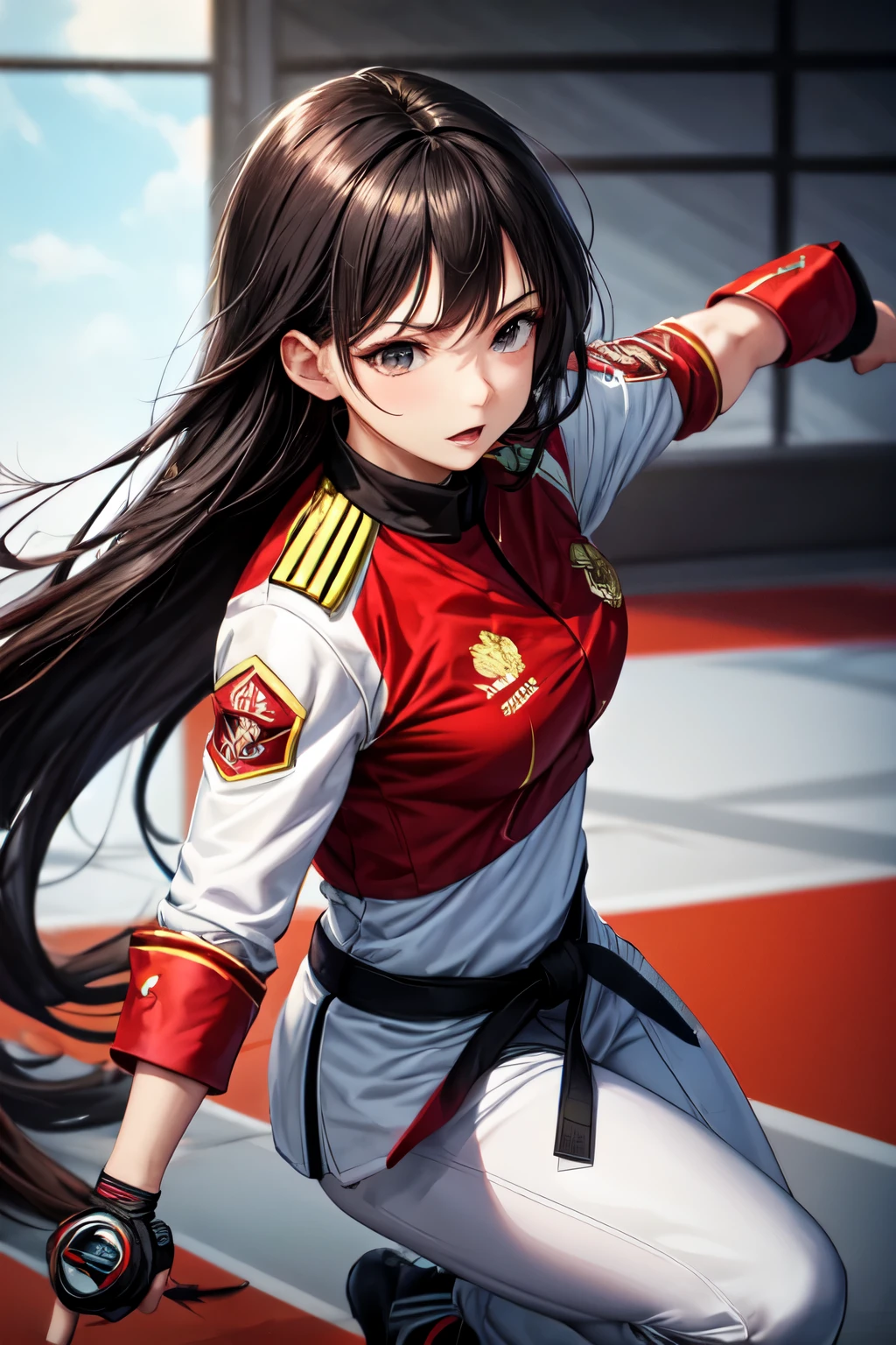 black hair.female.Martial artist.Clur.long hair.red uniform