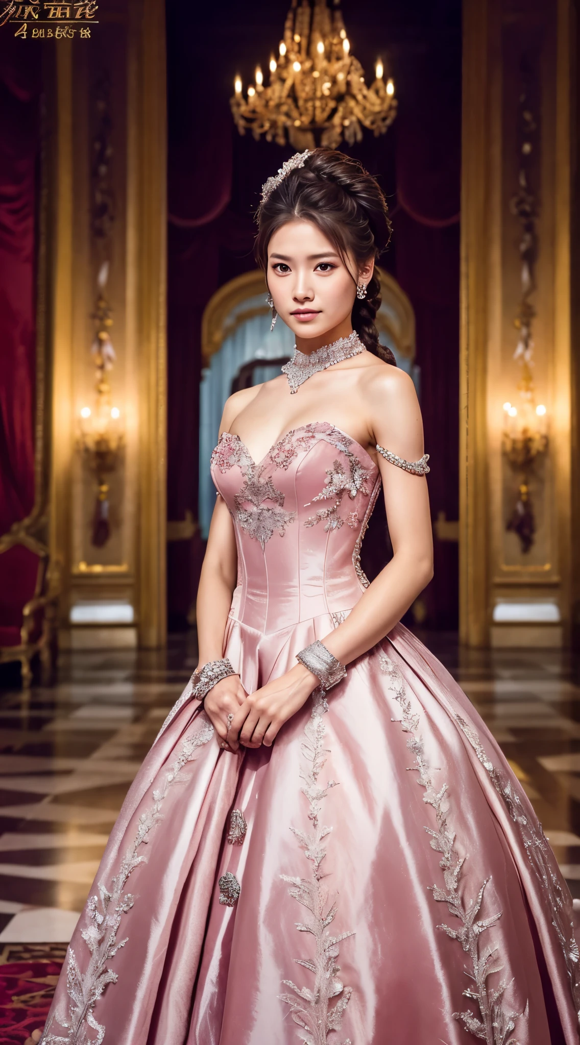 woman, Severe, warrior, armor, elegant, pink dress, aristocratic, silver elements, long nails, bare shoulders, hairstyle, Hair Up, braids and ponytail, Messy, arrogant, absurd, fine dress, royalty, celebration, hall decorated with flowers, cowboy shot, portrait, (highest quality), (masterpiece), (very detailed), (4k)