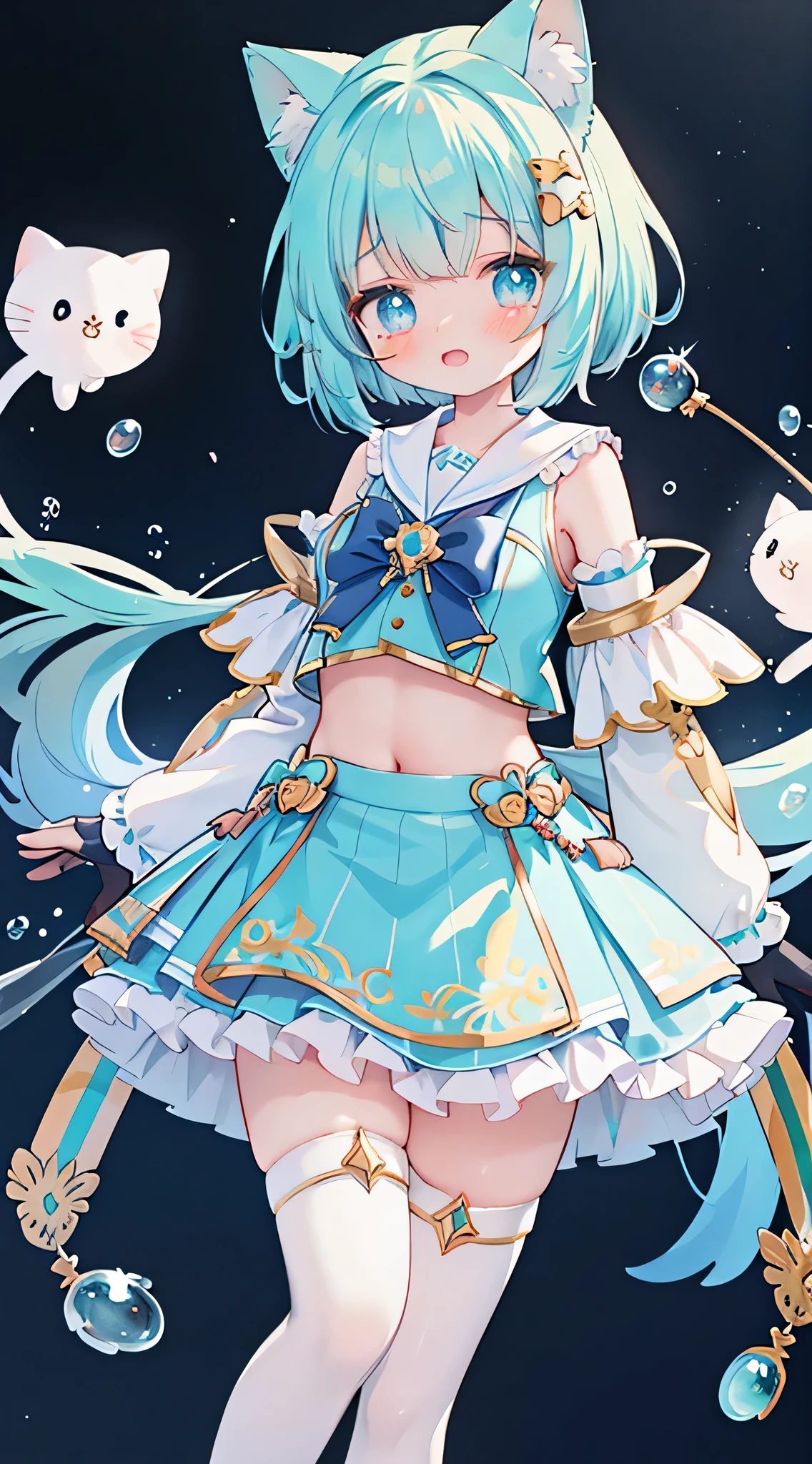 idol, yuri, bishoujo, masterpiece,best quality,official art,extremely detailed CG unity 8k wallpaper,,very short hair, aqua hair, blue hair, cat hair ornament, blue eyes, crying with eyes open, solid circle eyes, nose blush , shy, embarrassed , aqua eyes, beautiful detailed eyes, crop top, pajamas, bare_shoulders, Cat ear,blue sailor suit,blue sleeve,blue thighhighs, half gloves , elbow gloves , Hairy Pipa,Dime,Pink jade feet