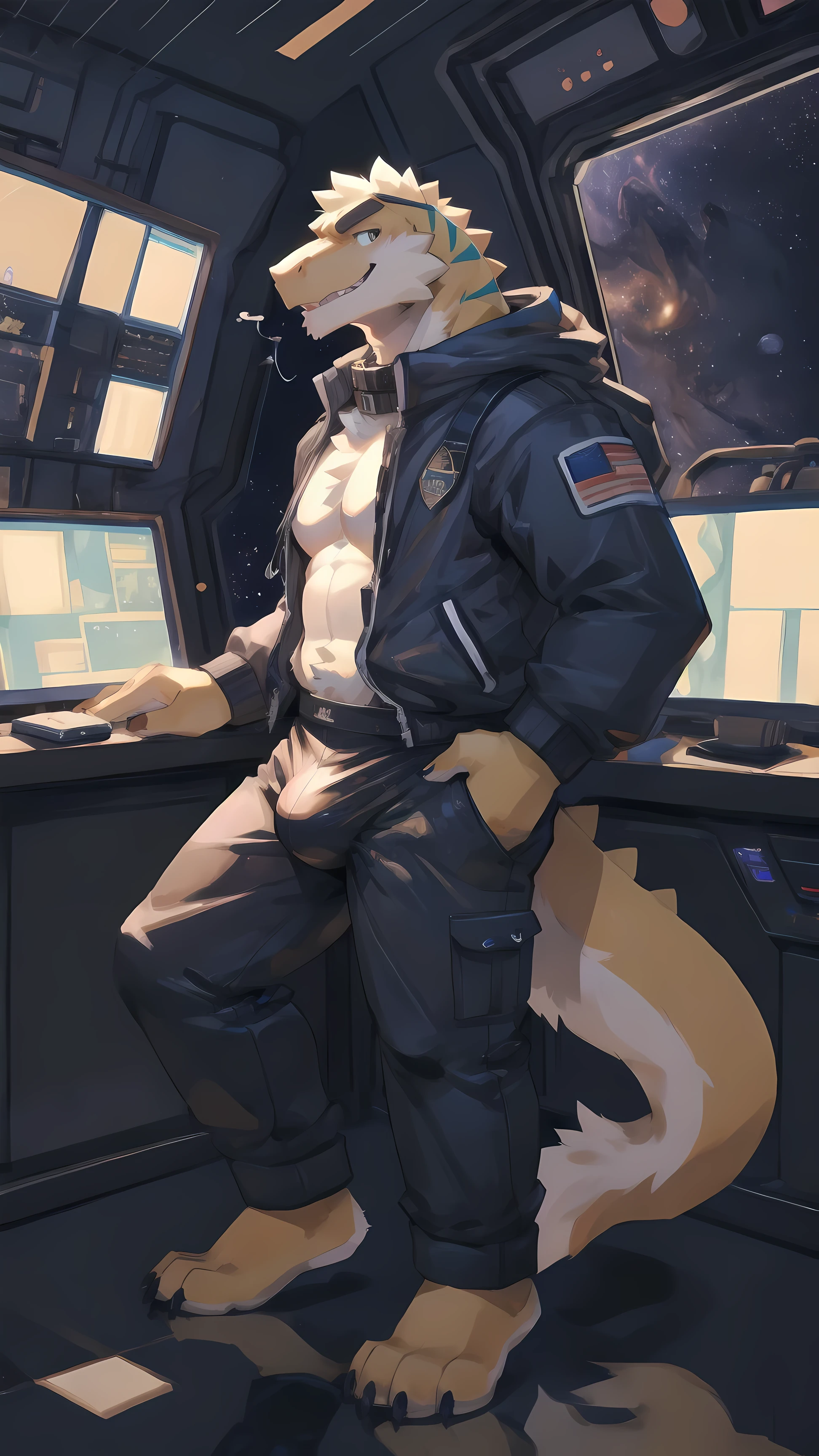 Solo, male, sitting crossed legged, by bigcozyorca, by goonie-san, by bebebebebe, by spikedmauler, facing viewer, silver, yellow fur, , tyrannosaurus, bushy tail, buff, spacesuit, space observation deck background, open mouth, detailed mouth, closed mouth grin, drooling, smirking, eductive smile, lustful grin, bulge, bulging, hard bulge, adjusting hard bulge, adjusting bulge, adjusting crotch, cock with knot on it, cum, cumming, big dig cock, Wearing collar,  callor on neck, unzipping pants to show off cock, penis, teasing cock getting Dick Sucked