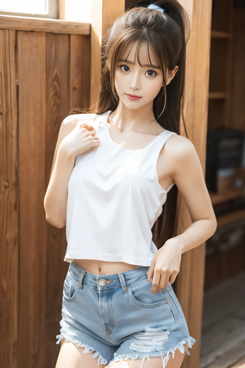 chunmomo, (masterpiece, best quality:1.2), soft light, 1girl, solo, delicate face, Detailed skin, long black hair, ,White sleeveless tank top，blue denim shorts,on stage,small breasts