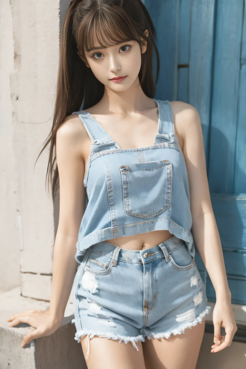 chunmomo, (masterpiece, best quality:1.2), soft light, 1girl, solo, delicate face, Detailed skin, long black hair, ,White sleeveless tank top，blue denim shorts,on stage,small breasts