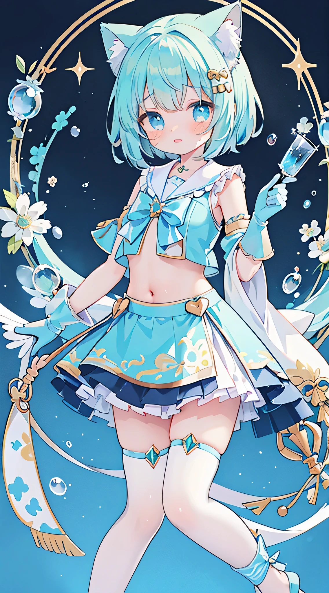 idol, yuri, bishoujo, masterpiece,best quality,official art,extremely detailed CG unity 8k wallpaper,,very short hair, aqua hair, blue hair, cat hair ornament, blue eyes, crying with eyes open, solid circle eyes, nose blush , shy, embarrassed , aqua eyes, beautiful detailed eyes, crop top, pajamas, bare_shoulders, Cat ear,blue sailor suit,blue sleeve,blue thighhighs, half gloves , elbow gloves , Hairy Pipa,Dime,Pink jade feet