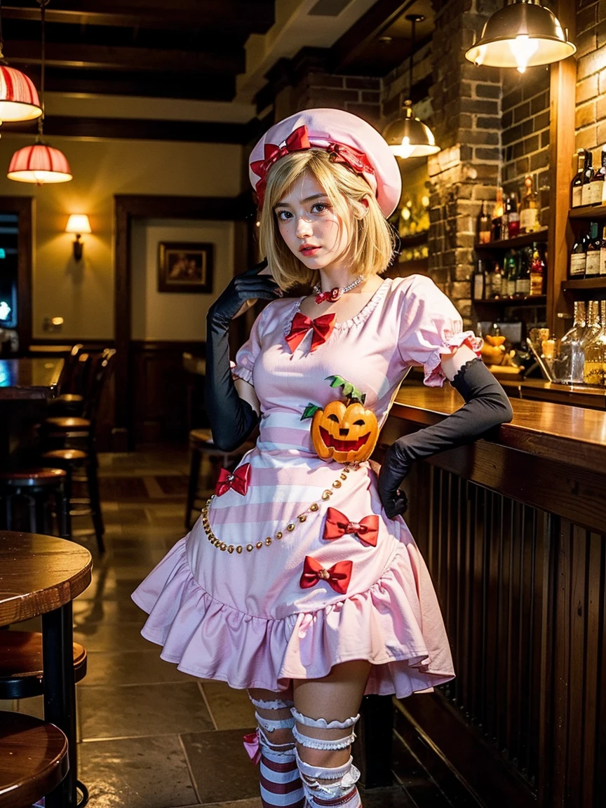 (1 lady), The beautiful, (Best quality at best:1.4), (ultra - detailed), (extremely detailed CG unified 16k), gold blonde hair, very detailed, High-definition RAW color photo, professional photoshooting, amazing face and eyes, cosmetics, (amazingly beautiful girl), ((lambdadelta)), ((dress, shoes bow, red shoes, striped stockings, red bow, pink hat, necklace, gloves, pearl, pumpkin brooch, pink dress)), standing, sexyposture,(Dark and stylish bar, drinks, lamp lights, lamp lights:1.3), (look from down), realistic cinematic face, head to feet long wide zoomed out view, full body long view, photorealistic, ((realistic natural blonde hair style, honey eyes)), gorgeous, extremely beautiful face, perfect model beauty, pout mouth, flirting smile, cleavages, city girl, western, shopping in the city, (masterpiece), best quality, high resolution, extremely detailed, blurred background, depth of field, cinematic lighting, amazing legs, high heels, clear and well-cared skin