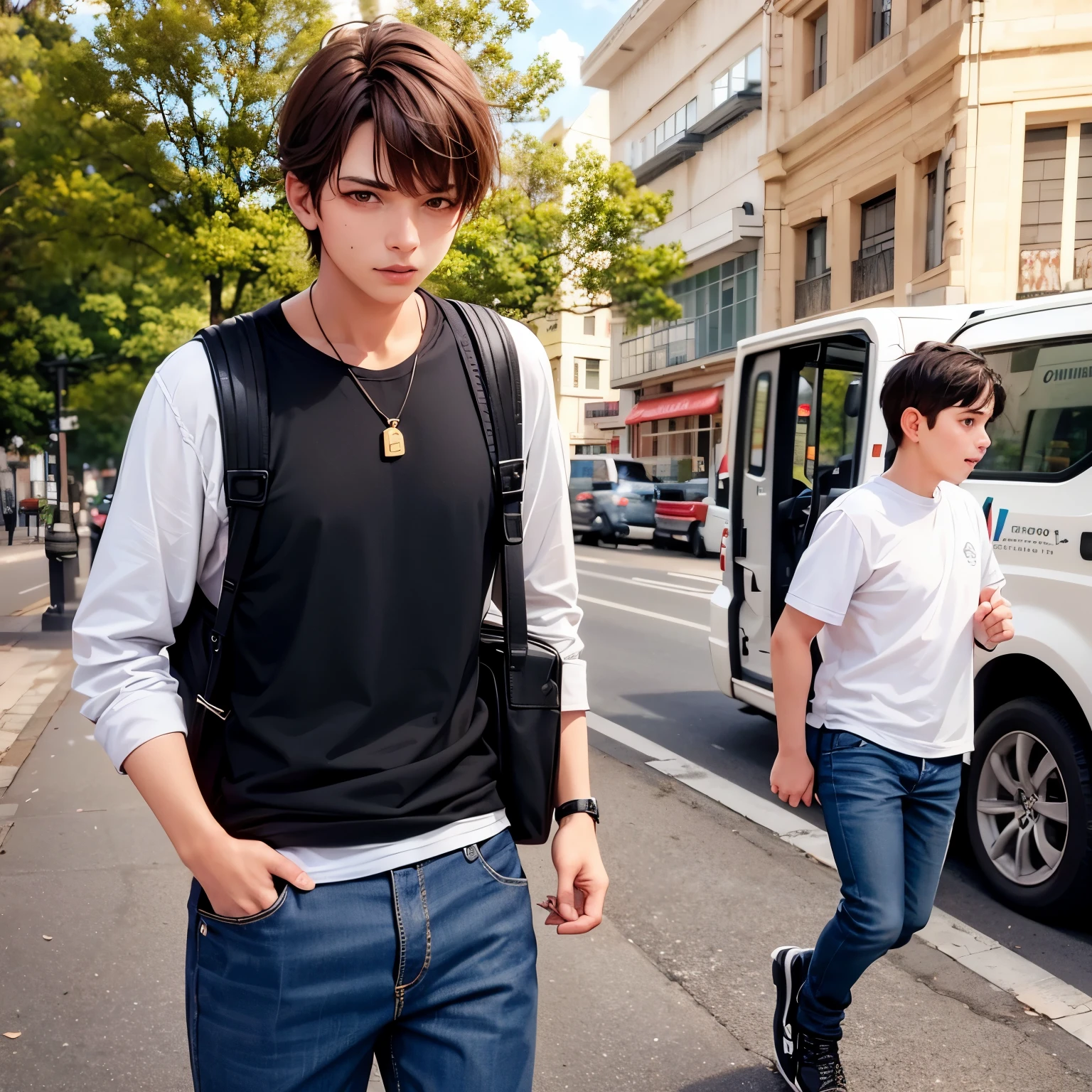 Photograph of a 17-year-old boy with reddish-brown hair, blanco y pecas, ojos almendrados con ojeras y verdes oliva claro, loose and basic style clothing with slim build, una cicatriz en el cachete izquierdo, con el piercing "snike bites" y andando en patineta por las calles