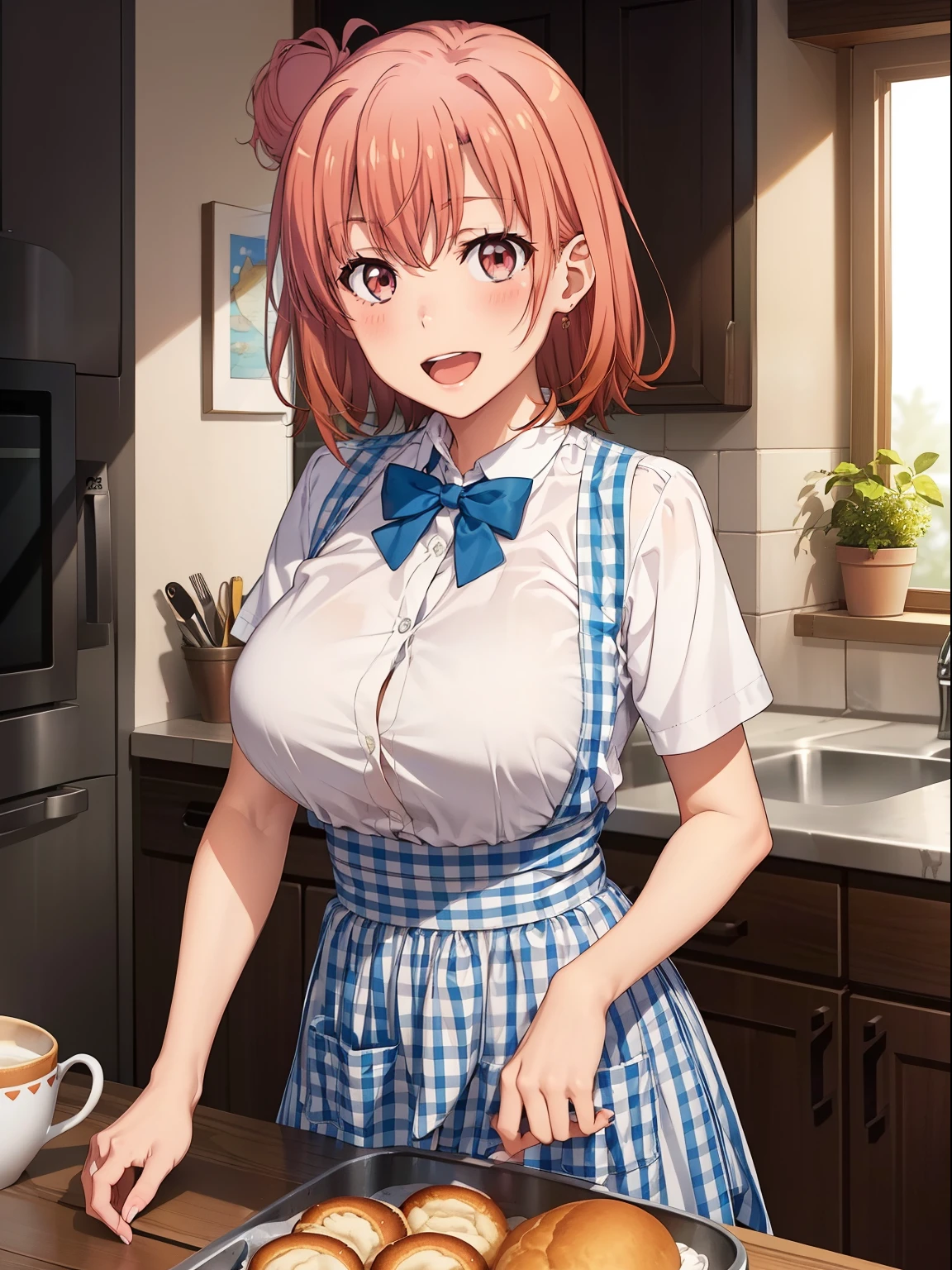((highest quality, High resolution, perfect pixel, written boundary depth, 4k)), 1 girl, (beautiful anime girl), Depth of the bounds written,
close, looking at the viewer,
perfect body,
yuigahama yui, huge breast, single hair bun,
(blush), smile, open mouth,
KRU, blue bow tie, white shirt, short sleeve, blue skirt, blue apron, Gingham Check Apron, high waist skirt,
Bakery background,
Big breasts that are about to burst,