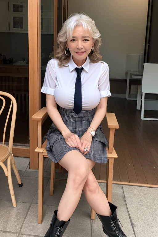 ​(masterpiece, highest quality), japanese mature, (alone), 50 years old, (wrinkles around the eyes:1.55), big breasts, mature woman, Glamour, Sexy, pure white skin, looking at the viewer、(super big breasts:1.28)、(Wavy Longhair)、small diamond necklace、earrings、(((collared shirt, checked skirt)))、short boots、smile、Public place、cross your legs、sit on a chair、full body photo、display the NSFW images
