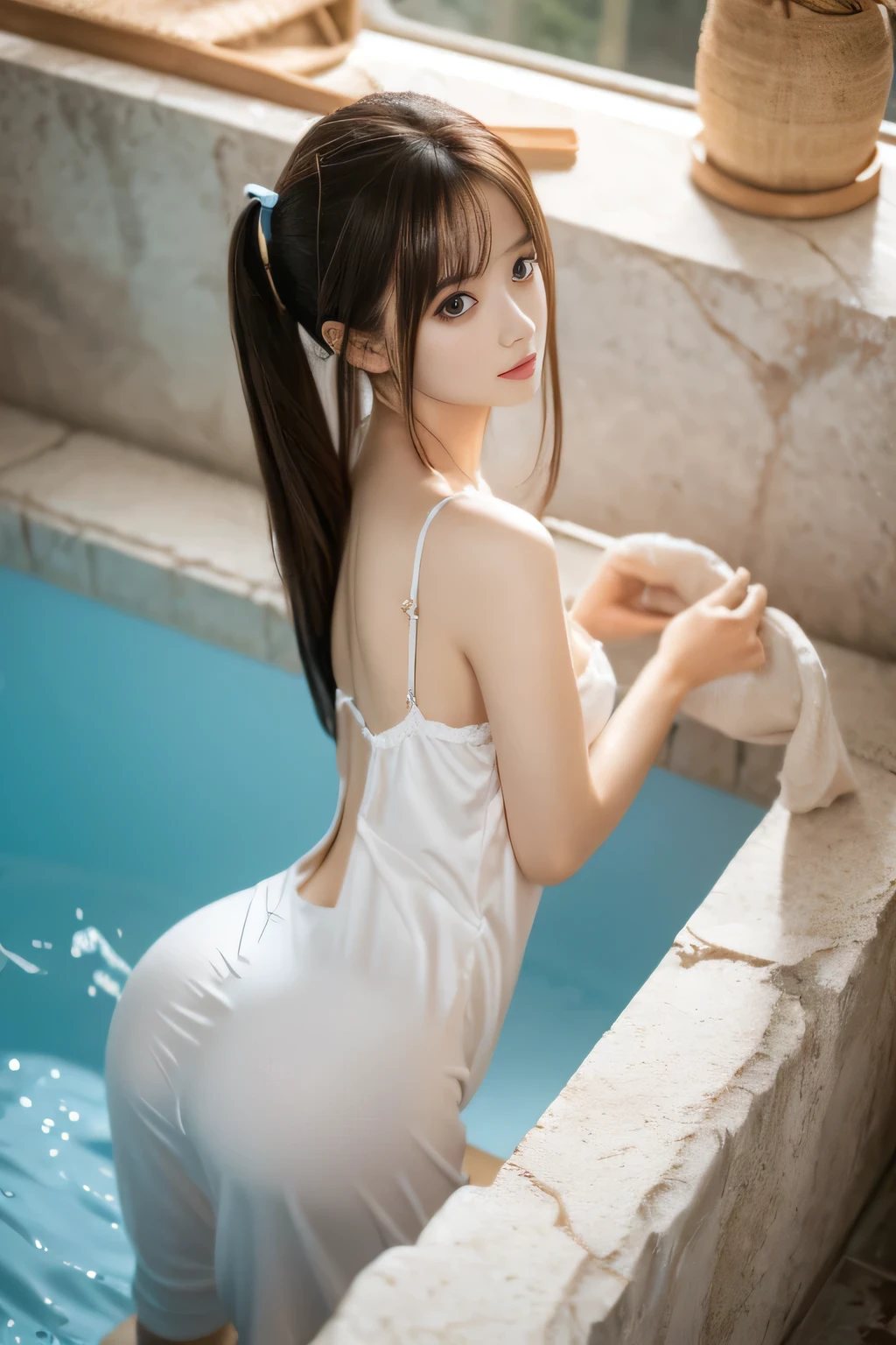 chunmomo, (masterpiece, best quality:1.2), soft light, 1girl, solo, delicate face, Detailed skin, long black hair, ,pajamas,nightgown,in swimming pool,medium breasts