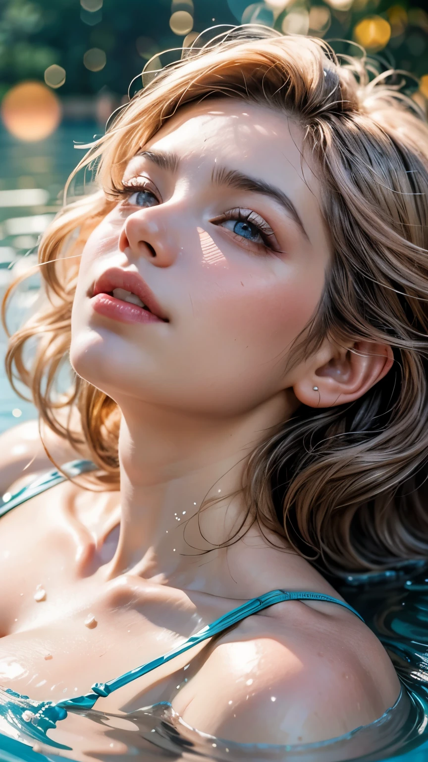 A woman lying soaking in water,Clear light pink,Clear water,White soap bubbles,Bokeh shots,Close-up from the neck up,Head close-up
