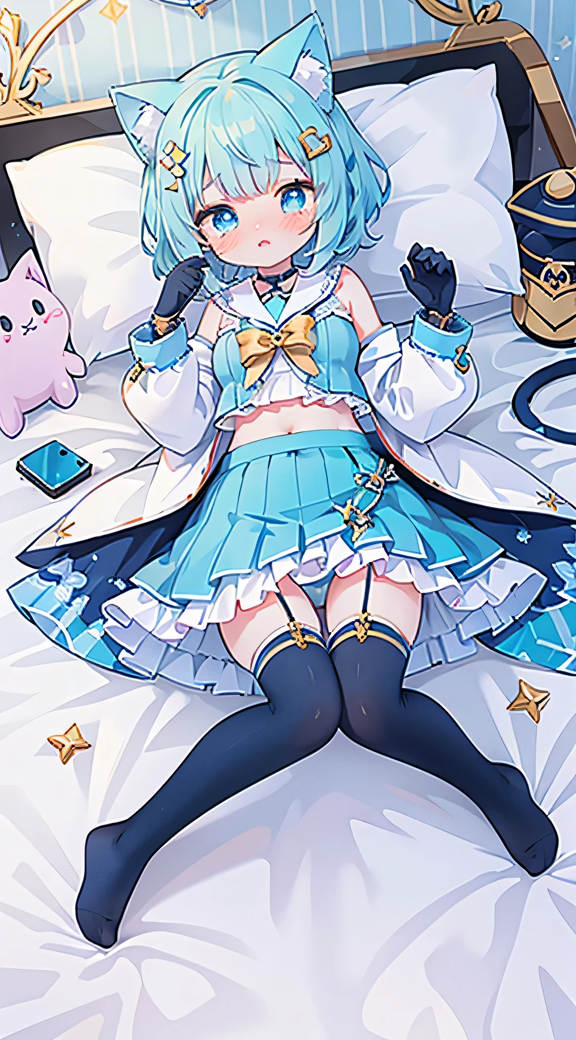 full-body shot,show soles of feet,idol, yuri, bishoujo, masterpiece,best quality,official art,extremely detailed CG unity 8k wallpaper,，very short hair, aqua hair, blue hair, cat hair ornament, blue eyes, crying with eyes open, solid circle eyes, nose blush , shy, embarrassed , aqua eyes, beautiful detailed eyes, crop top, pajamas, bare_shoulders, Cat ear，blue sailor suit，blue sleeve，（（(((blue thighhighs)))））, half gloves , elbow gloves , Hairy Pipa，Dime，Pink jade feet，no shoes，Lying in bed，Blue stockings，legs spread