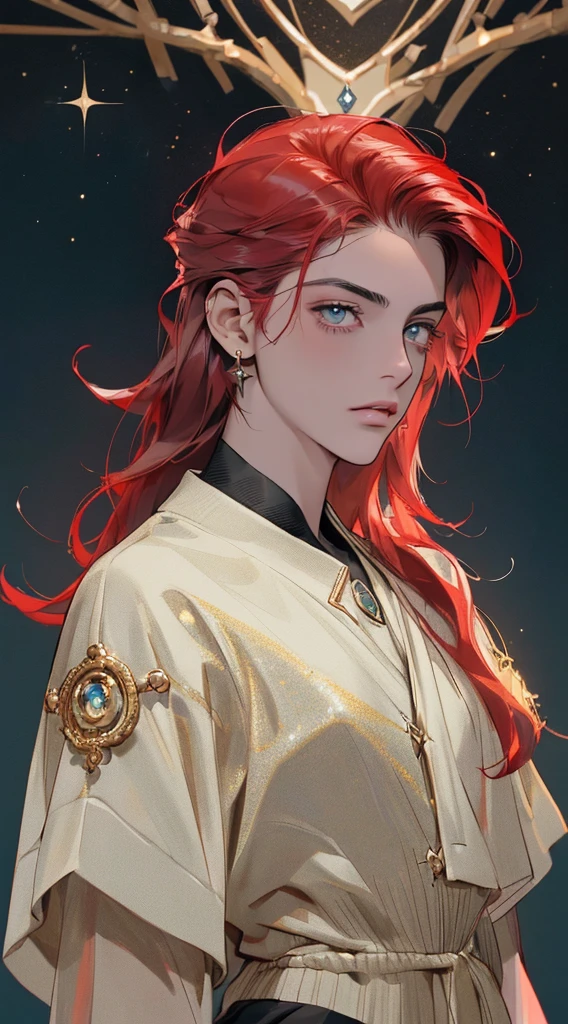 (((8k, Fotos RAW, Melhor qualidade, obra-prima: 1.4))), ultra-high resolution, ultra-detalhado, lamparina, Decote em close, Homem bonito, olhos dourados, (olhos detalhados, eyes are bright:1.2), (long medium red hair), pale skin, piercings nas orelhas, escuro, Roupas pretas, Roupas meticulosas, gold accessories in clothes, (anatomia perfeita:1.2), Sombra de alta qualidade, natural lighting, (destaques brancos:1.2), a noite, dia nublado, (Starry sky:1.2)