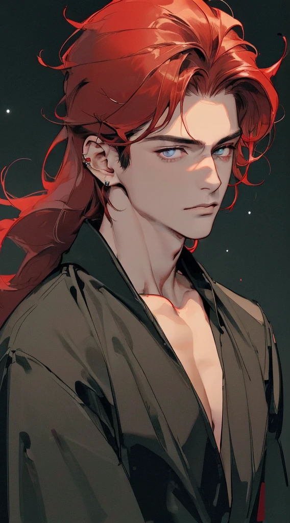 (((8K, RAW photos, Best quality, tmasterpiece: 1.4))), ultra high resolution, ultra - detailed, lamplight, Close-up cleavage, Handsome men, gold eyes, (detailed eyes, The eyes are bright:1.2), (Medium long red hair), pale-skinned, ear piercings, Dark, Blackn clothes, Meticulous clothes, gold accessories on clothes, (perfect anatomia:1.2), Highqualityshadow, natural lightting, (White highlights:1.2), natta, overcast day, (starrysky:1.2)