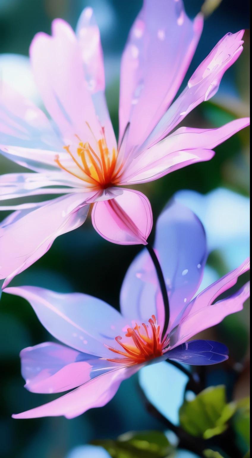 water晶春花,Pink and white gradient,water滴,fantastic, galaxy, ,, Pink and white gradient,water滴,Light blue leaves,spark, spark, brilliance, water,rich and colorful,, Magical photography of light blue leaves, dramatic lighting, photorealism, Super detailed, 4K, depth of field, high resolution