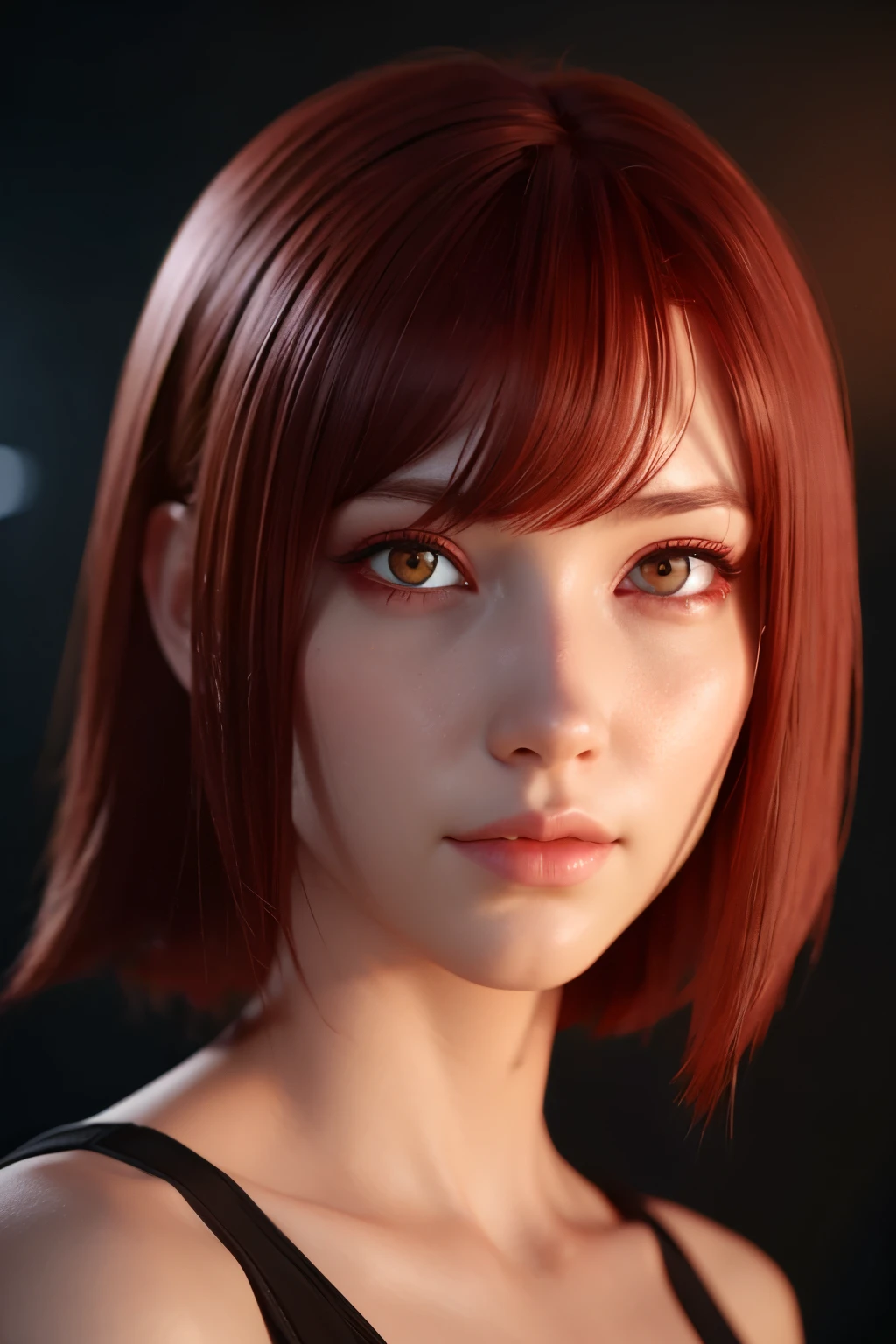 1 girl, star eye, blush, perfect lighting, redhead, red eyes, unreal engine, side light, detailed face, bangs, bright skin, simple background, dark background,
