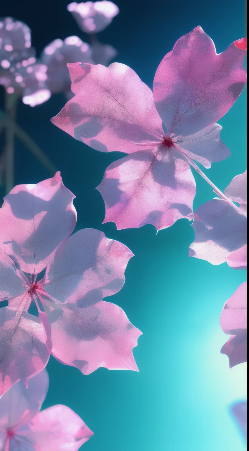 water晶春花，Pink and white gradient，water滴，fantastic, galaxy, transparent,, Pink and white gradient，water滴，Light blue leaves，spark, spark, brilliance, water，rich and colorful，, Magical photography of light blue leaves, dramatic lighting, photorealism, Super detailed, 4K, depth of field, high resolution