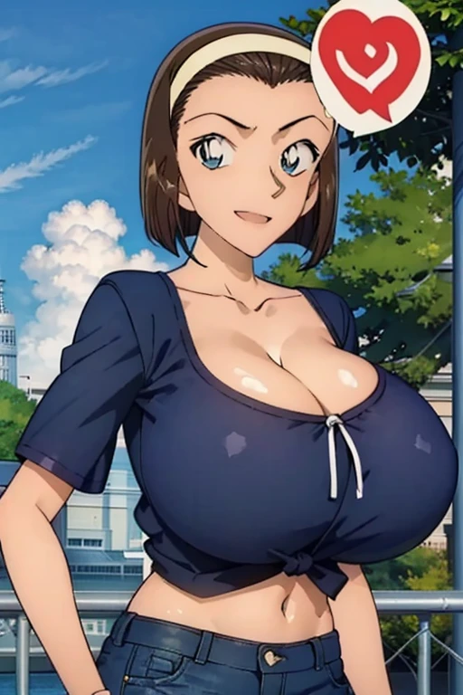 looking at camera、When I Look at You、lookatviewer、anime style、Eroge、1 girl, (huge breasts:1.5)、((Oversized plain white t-shirt、short sleeve、Blue denim bottoms))、Low - Angle、brown haired, hair band、bob hair、I can see the forehead、blush, bangs,,round chest、smile、whole body、((from the front:1.2))