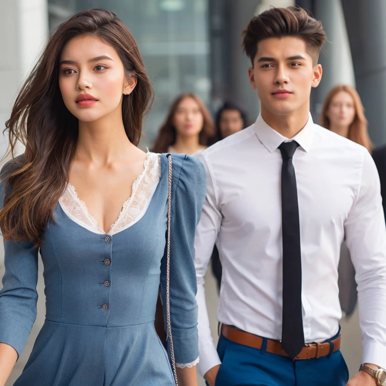 A beautiful young woman in modern clothes, Followed by a male student wearing a white long-sleeved shirt, blue pants, and a tie, with an expression of admiration on his face. There are other people walking behind them in the background.