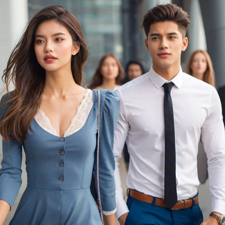 A beautiful young woman in modern clothes, Followed by a male student wearing a white long-sleeved shirt, blue pants, and a tie, with an expression of admiration on his face. There are other people walking behind them in the background.