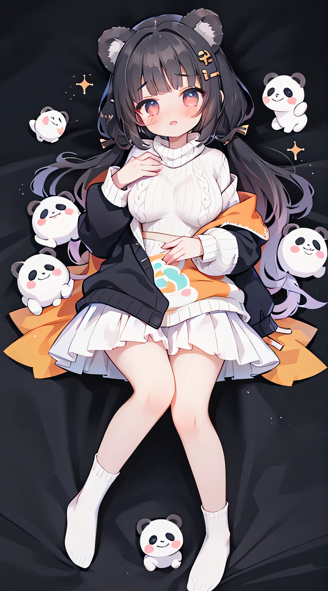 idol, yuri, bishoujo, masterpiece,best quality,official art,extremely detailed CG unity 8k wallpaper, Gray panda ears，light black medium hair, blunt bangs, nose blush , shy, embarrassed , aqua eyes, beautiful detailed eyes, orange eyes, crying with eyes open, huge breasts, （（Black Sweater）），loose sock and grey bobby sock, white sneakers，Fair and delicate skin,Clear and delicate face，sparkling eyes，