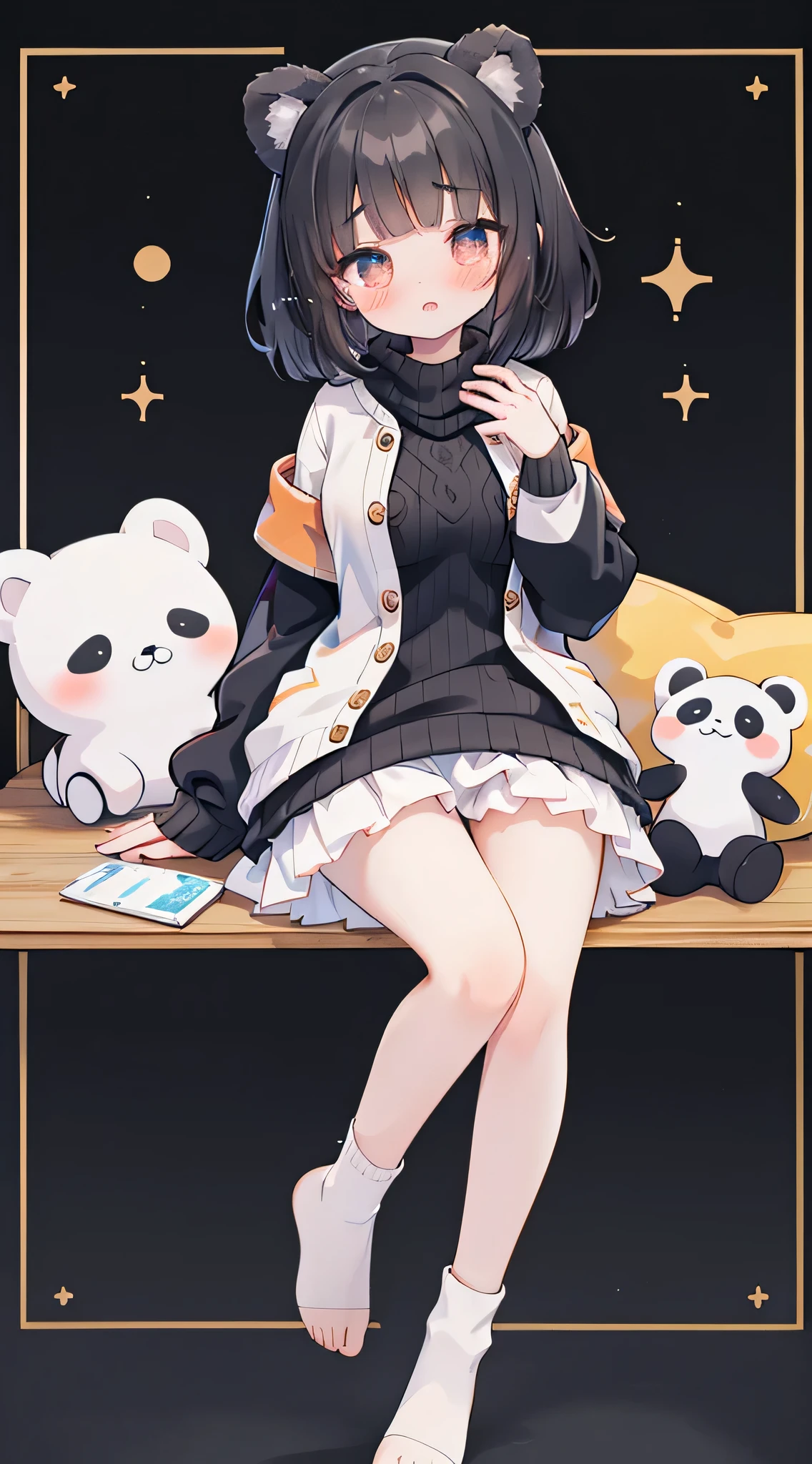idol, yuri, bishoujo, masterpiece,best quality,official art,extremely detailed CG unity 8k wallpaper, Gray panda ears，light black medium hair, blunt bangs, nose blush , shy, embarrassed , aqua eyes, beautiful detailed eyes, orange eyes, crying with eyes open, huge breasts, （（Black Sweater）），loose sock and grey bobby sock, white sneakers，Fair and delicate skin,Clear and delicate face，sparkling eyes，