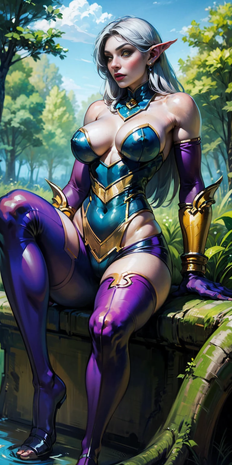 Pirotess,, (yellow eyes), white hair, silver hair, very long hair, straight hair, solo, adult woman, tall, slightly muscular, large breasted, cleavage, constricted waist, Toned body, slight abs, thin dark skin, pointy ears, lipstick, makeup, black eyeshadow,, circlet, white short dress, jewelry, bracelet, white gloves, thigh boots,,, blue sky, white clouds, meadow, tree, sitting on a branch, from below, thighs, forest background,, cowboy shot,