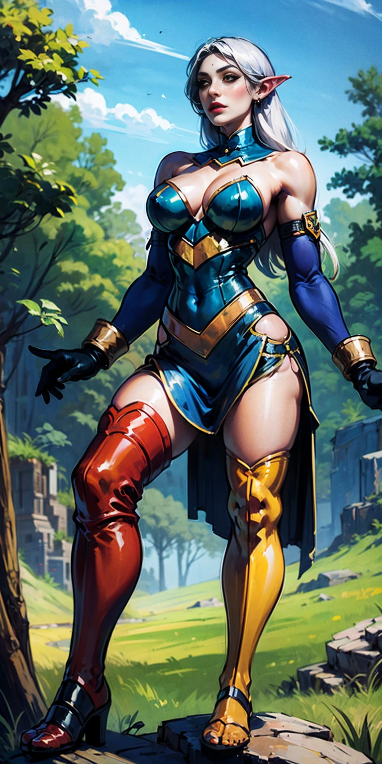 Pirotess,, (yellow eyes), white hair, silver hair, very long hair, straight hair, solo, adult woman, tall, slightly muscular, large breasted, cleavage, constricted waist, Toned body, slight abs, thin dark skin, pointy ears, lipstick, makeup, black eyeshadow,, circlet, white short dress, jewelry, bracelet, white gloves, thigh boots,,, blue sky, white clouds, meadow, tree, sitting on a branch, from below, thighs, forest background,, cowboy shot,