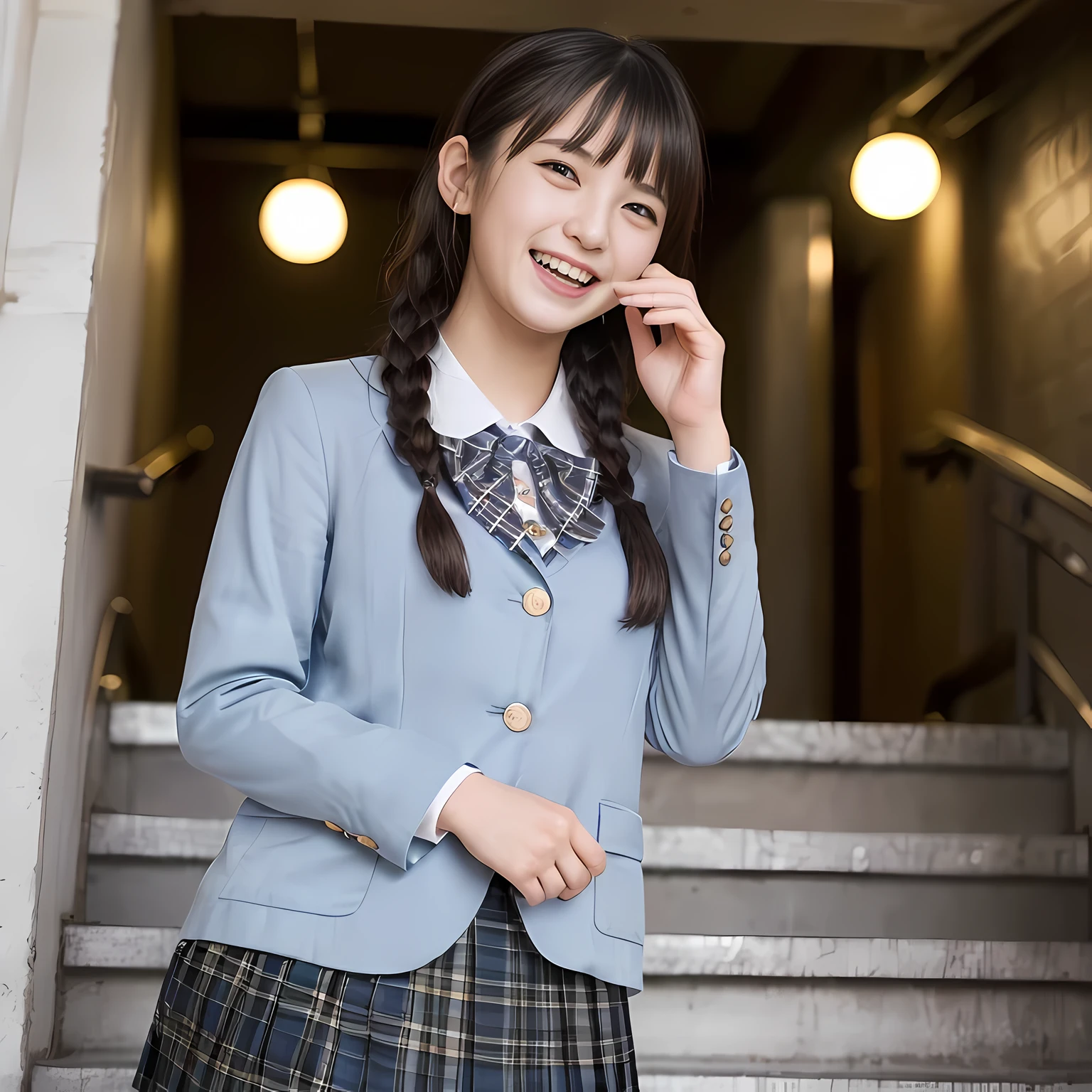(highest quality、masterpiece:1.2)、highest quality、realistic、photograph、High resolution、1080p、8K、The face is especially pale., physical rendering、((Height: 155cm)), one Japanese girl、((Siren in the form of a 15-year-old Japanese junior high school student)), ((((Siren in the form of a beautiful girl fashion model from a Japanese magazine)))), , (((big very detailed beautiful dark brown eyes))), ((blue girly large wine-red glossy polyester Japanese school ribbon bow tie)), (((black beautiful long twin braids hair))), ((((deep blue colored tartan checkered formal long pleated pleated skirt)))), ((A unpatterned formal dark blue blazer in solid that is slightly oversized and has an emblem on the left chest.)), ((((((laughing at me!)))))), mouth is open, The large blazer and skirt are very cute., detailed fingers, Slender body, ((curled bangs)), so beautiful, long eyelashes, ((Very big and very very very cute eyes of a Japanese girl)), ((large pupils)), double eyelids, The entire skirt is photographed, thin eyebrows, ((drooping eyes)), ((long eyelashes)), ((cute lovely lovely laughing laughing cheeks)), ((Pure white light hits her face from above and in the front, making her skin and eyes shine beautifully.)), ((Strong light hits the nose and cheeks、It brings out the richness of the expression.)), (((((Her face is expressive, pure and very intelligent.))))), (((((going down demoniac evil stairs bringing me to the underground demoniac temple of Succubus!!))))), ((Photographed from directly behind))