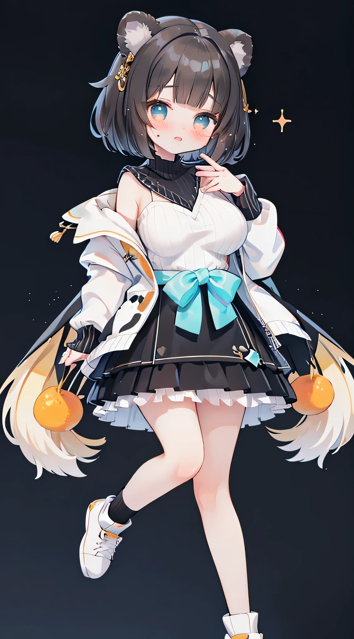 idol, yuri, bishoujo, masterpiece,best quality,official art,extremely detailed CG unity 8k wallpaper, Gray panda ears,light black medium hair, blunt bangs, nose blush , shy, embarrassed , aqua eyes, beautiful detailed eyes, orange eyes, crying with eyes open, huge breasts, ((Black Sweater)),loose sock and grey bobby sock, white sneakers,Fair and delicate skin,Clear and delicate face,sparkling eyes,