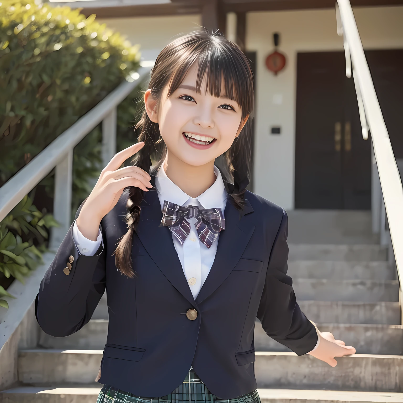 (highest quality、masterpiece:1.2)、highest quality、realistic、photograph、High resolution、1080p、8K、The face is especially pale., physical rendering、((Height: 155cm)), one Japanese girl、((Siren in the form of a 15-year-old Japanese junior high school student)), ((((Siren in the form of a beautiful girl fashion model from a Japanese magazine)))), , (((big very detailed beautiful dark brown eyes))), ((blue girly large wine-red glossy polyester Japanese school ribbon bow tie)), (((black beautiful long twin braids hair))), ((((deep blue colored tartan checkered formal long pleated pleated skirt)))), ((A unpatterned formal dark blue blazer in solid that is slightly oversized and has an emblem on the left chest.)), ((((((laughing at me!)))))), mouth is open, The large blazer and skirt are very cute., detailed fingers, Slender body, ((curled bangs)), so beautiful, long eyelashes, ((Very big and very very very cute eyes of a Japanese girl)), ((large pupils)), double eyelids, The entire skirt is photographed, thin eyebrows, ((drooping eyes)), ((long eyelashes)), ((cute lovely lovely laughing laughing cheeks)), ((Pure white light hits her face from above and in the front, making her skin and eyes shine beautifully.)), ((Strong light hits the nose and cheeks、It brings out the richness of the expression.)), (((((Her face is expressive, pure and very intelligent.))))), (((((going down demoniac evil stairs bringing me to the underground demoniac temple of Succubus!!))))), ((Photographed from directly behind))