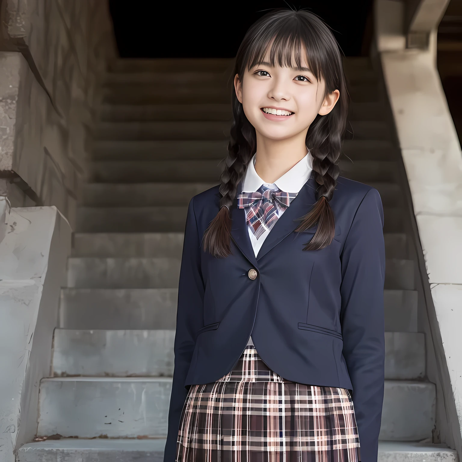(highest quality、masterpiece:1.2)、highest quality、realistic、photograph、High resolution、1080p、8K、The face is especially pale., physical rendering、((Height: 155cm)), one Japanese girl、((Siren in the form of a 15-year-old Japanese junior high school student)), ((((Siren in the form of a beautiful girl fashion model from a Japanese magazine)))), , (((big very detailed beautiful dark brown eyes))), ((blue girly large wine-red glossy polyester Japanese school ribbon bow tie)), (((black beautiful long twin braids hair))), ((((deep blue colored tartan checkered formal long pleated pleated skirt)))), ((A unpatterned formal dark blue blazer in solid that is slightly oversized and has an emblem on the left chest.)), ((((((laughing at me!)))))), mouth is open, The large blazer and skirt are very cute., detailed fingers, Slender body, ((curled bangs)), so beautiful, long eyelashes, ((Very big and very very very cute eyes of a Japanese girl)), ((large pupils)), double eyelids, The entire skirt is photographed, thin eyebrows, ((drooping eyes)), ((long eyelashes)), ((cute lovely lovely laughing laughing cheeks)), ((Pure white light hits her face from above and in the front, making her skin and eyes shine beautifully.)), ((Strong light hits the nose and cheeks、It brings out the richness of the expression.)), (((((Her face is expressive, pure and very intelligent.))))), (((((going down demoniac evil stairs bringing me to the underground demoniac temple of Succubus!!))))), ((Photographed from directly behind))