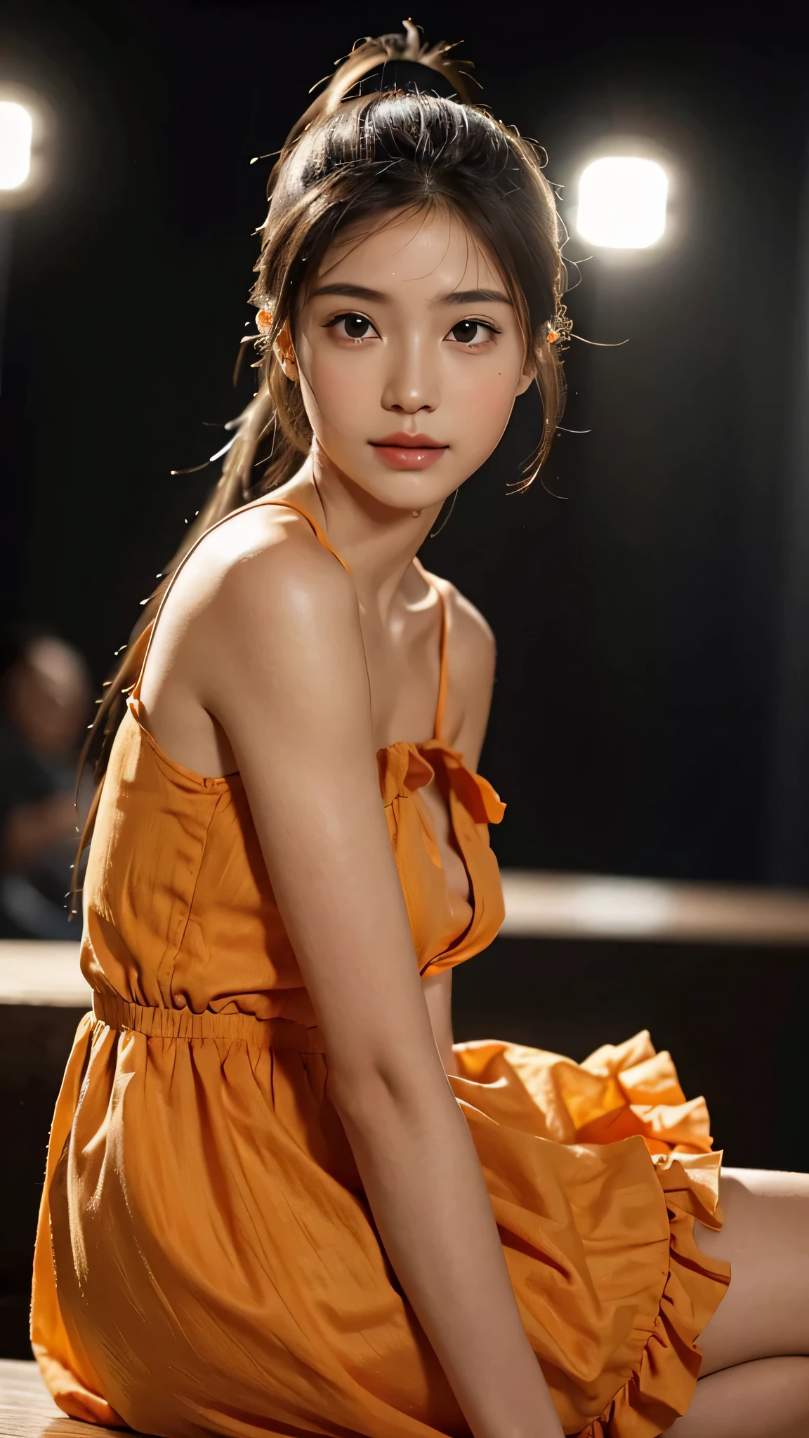 Spotlight on stage,close-up of face,One woman,fully body photo,masutepiece, The highest image quality, High quality, the background is clear,Beautiful woman, Japanese, Detailed, Detailed eyes, Detailed skin, Beautiful skin, 超hight resolution, (reality: 1.4),Very beautiful woman, Slightly younger face, Beautiful skin, slender, (Ultra photo realsisim), (hight resolution), (8K), (Very detailed) (beautifully detailed eyes), (super detailed), (Detailed face), view the viewer, Fine details, Detailed face, Staring straight ahead, Staring straight ahead, photos realistic, Bright lighting, Professional Lighting, Black hair,poneyTail,a baby face,sixteen years old,Hairstyle is ponytail,long ponytail hairstyle,slight smile,Orange colored long dress with lots of ruffles, softly shaped skirt,