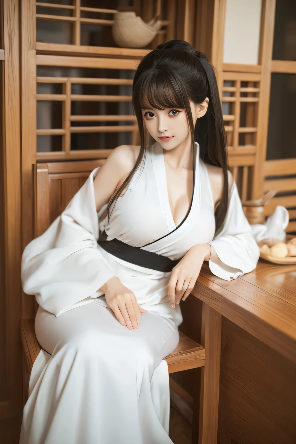 chunmomo, (masterpiece, best quality:1.2), soft light, 1girl, solo, delicate face, Detailed skin, long black hair, ,hanfu, chinese traditional dress,cafe,huge breasts