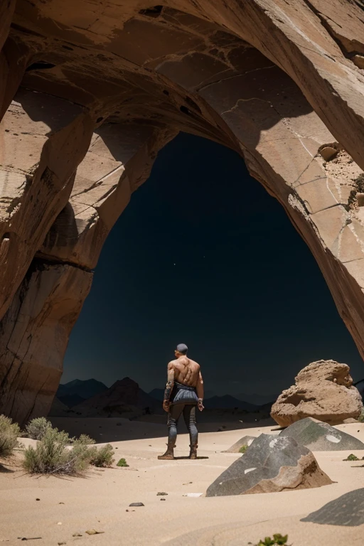 a place with little bone vegetation in the desert, with mountainous rocks, en la cual, There are two Doctor Strange style portals, donde salga dos personajes, who is saitama from one puch man and mashle from magic and muscles, asimismo que se encuentre en perspectiva de 3/4, con un estilo de anime.