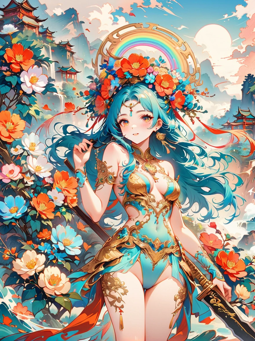 Chinese ink style, Chinese dream landscape, There was a beautiful lady holding a sword, fair and smooth skin, Flowers bloom, It is beautiful and delicate, Gold ornaments, turquoise decoration, Various gemstones, no clothes, Beautiful flowers, goddess, extremely high detail, Very detailed shot of the goddess, Extremely detailed flower goddess, blue sky, Character background with light rainbow halo, Psychedelic Goddess, Goddess Art, Beautiful digital artwork, beautiful goddess, first-person view, pov, cowboy shot, UHD, masterpiece, ccurate, anatomically correct, textured skin, super detail, best quality, 8k