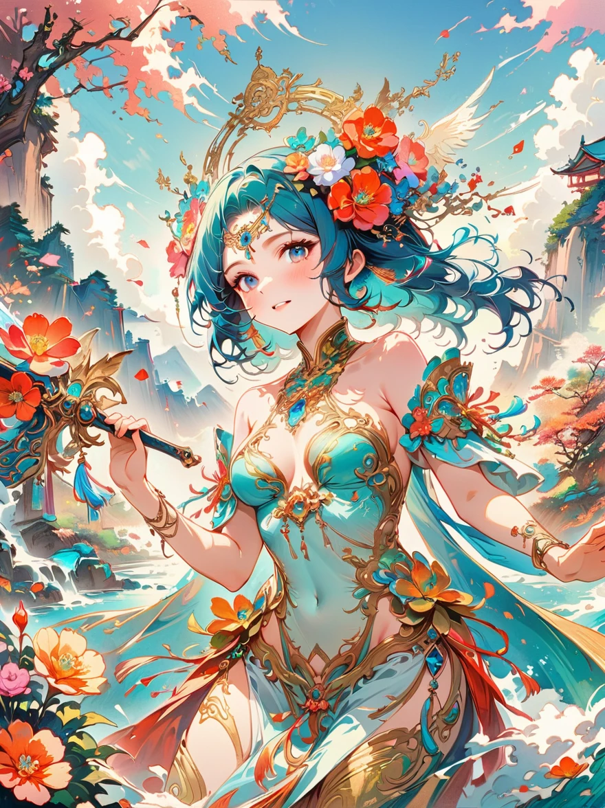 Chinese ink style, Chinese dream landscape, There was a beautiful lady holding a sword, fair and smooth skin, Flowers bloom, It is beautiful and delicate, Gold ornaments, turquoise decoration, Various gemstones, no clothes, Beautiful flowers, goddess, extremely high detail, Very detailed shot of the goddess, Extremely detailed flower goddess, blue sky, Character background with light rainbow halo, Psychedelic Goddess, Goddess Art, Beautiful digital artwork, beautiful goddess, first-person view, pov, cowboy shot, UHD, masterpiece, ccurate, anatomically correct, textured skin, super detail, best quality, 8k