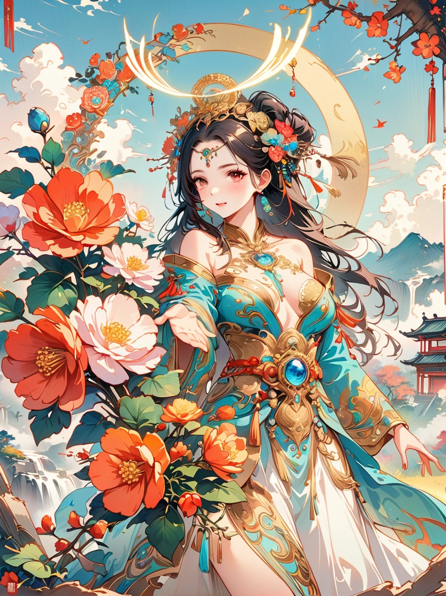 Chinese ink style, Chinese dream landscape, There was a beautiful lady holding a sword, fair and smooth skin, Flowers bloom, It is beautiful and delicate, Gold ornaments, turquoise decoration, Various gemstones, no clothes, Beautiful flowers, goddess, extremely high detail, Very detailed shot of the goddess, Extremely detailed flower goddess, blue sky, Character background with light rainbow halo, Psychedelic Goddess, Goddess Art, Beautiful digital artwork, beautiful goddess, first-person view, pov, cowboy shot, UHD, masterpiece, ccurate, anatomically correct, textured skin, super detail, best quality, 8k